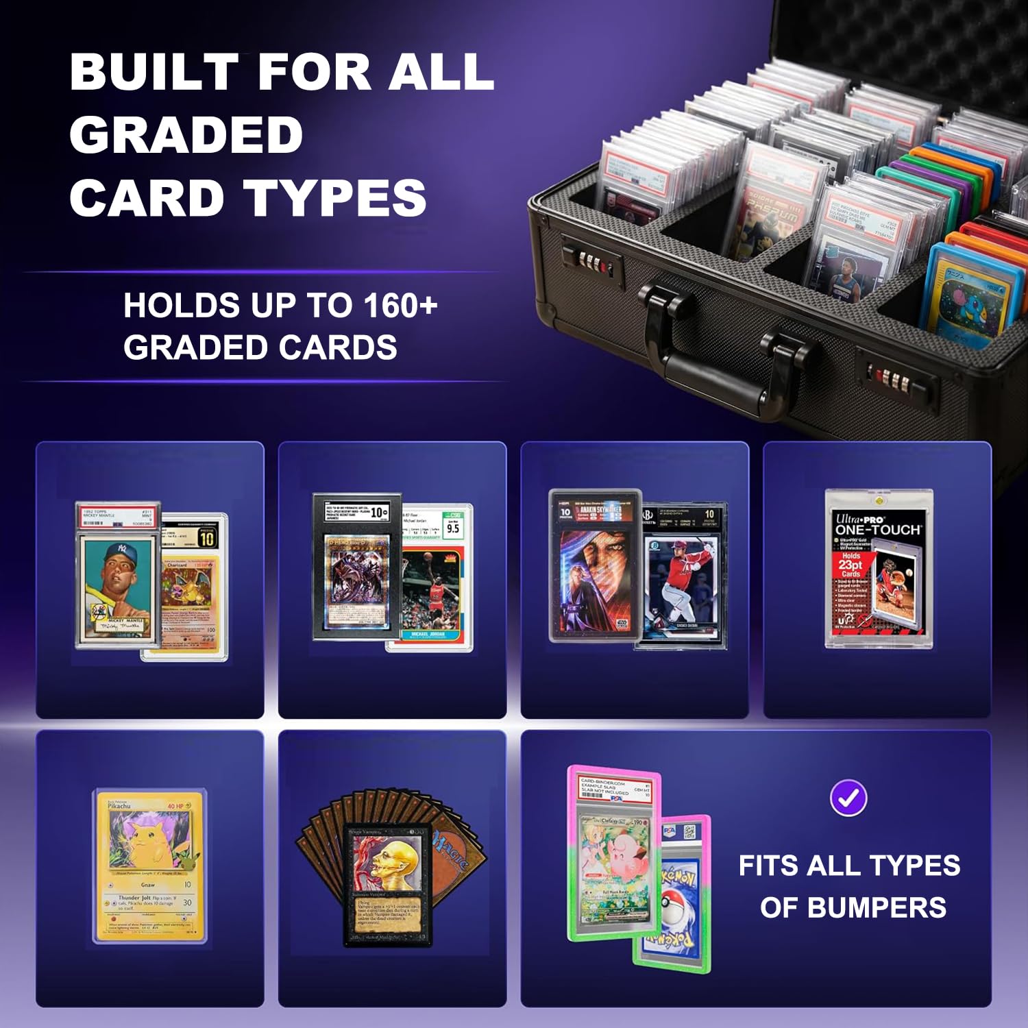 Scatola Porta Carte Classificate, Borsa da Trasporto per Carte Sportive con Divisori in Schiuma e Lucchetto a Combinazione, Adatta per 150 PSA, CSG, BGS e Top Loader