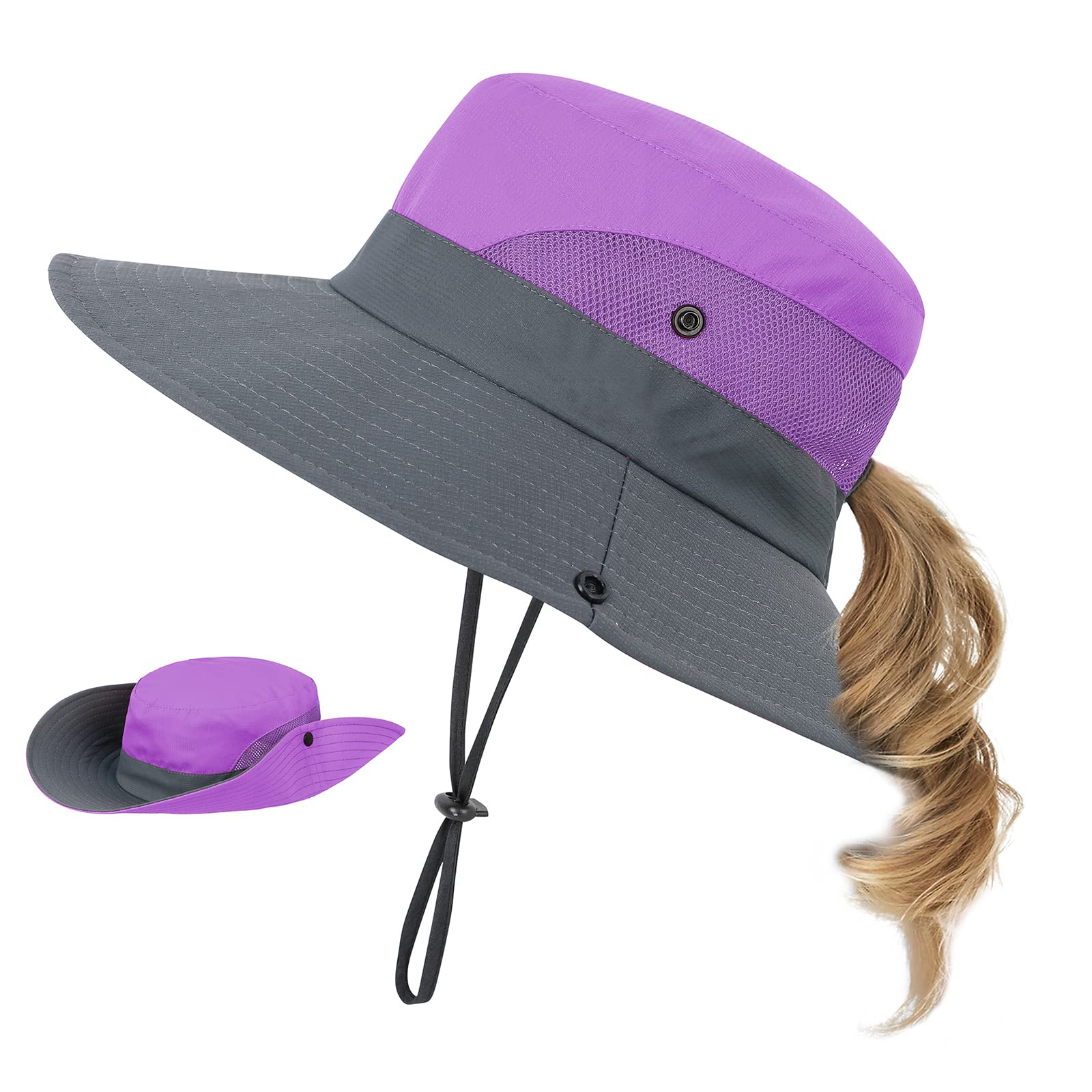 Sombrero de sol para niños con agujero para cola de caballo, protección UV, ala ancha, para verano, playa, sombrero de pesca para niñas