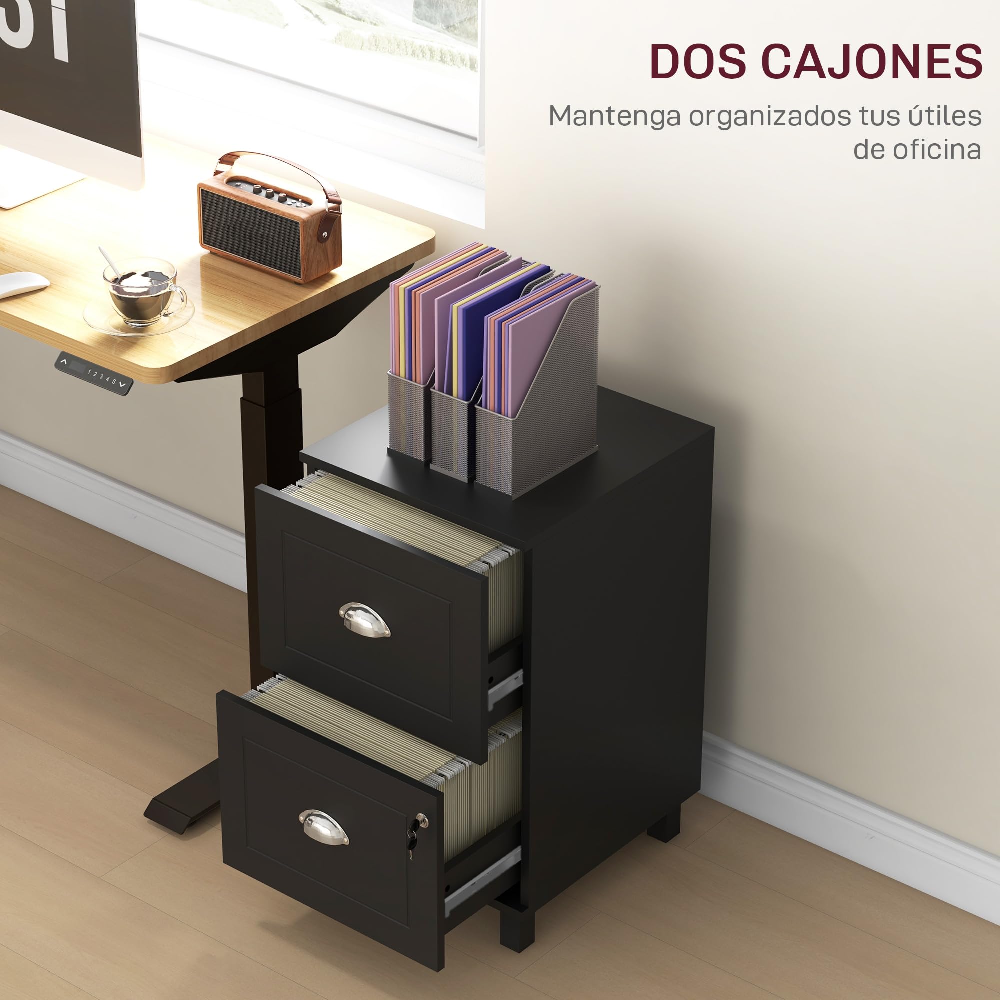 HOMCOM Cassettiera da ufficio mobile raccoglitore con 2 cassetti cassetto per scrivania con serrature cartelle sospese per A4 e lettera, 40 x 41,5 x 67,5 cm, nero