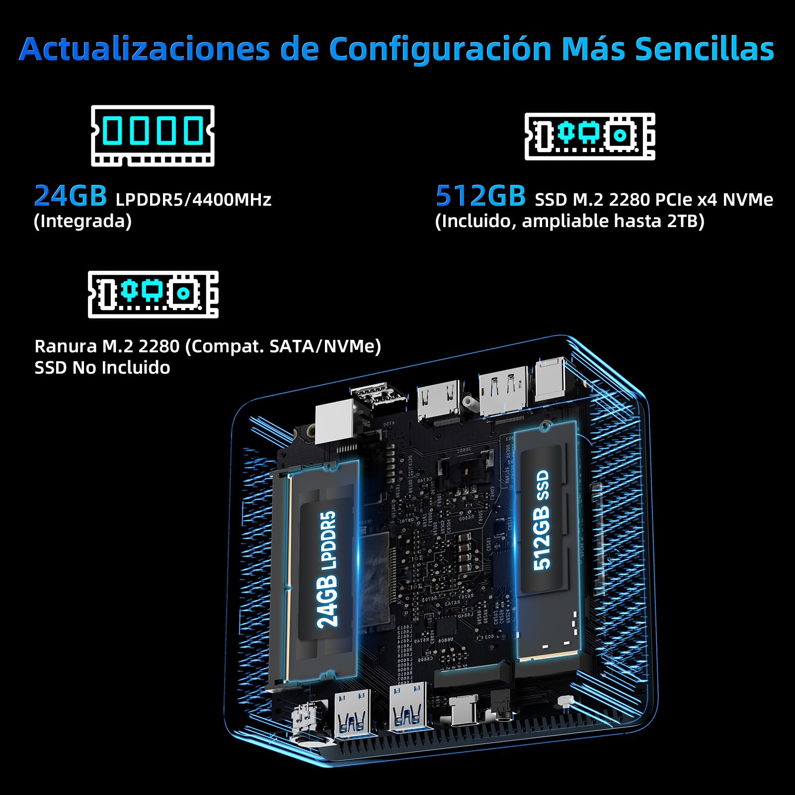 BMAX Mini PC B9Plus Intel Core i5-1235U (hasta 4,4 GHz, 10 C/12T), 24GB LPDDR5, 512 GB NVMe SSD Mini Ordenador de sobremesa, Wi-Fi 6, BT5.2, Triple Pantalla 4K 60Hz, HDMI,Tipo C, DP 1,4a, Micro PC — view 7