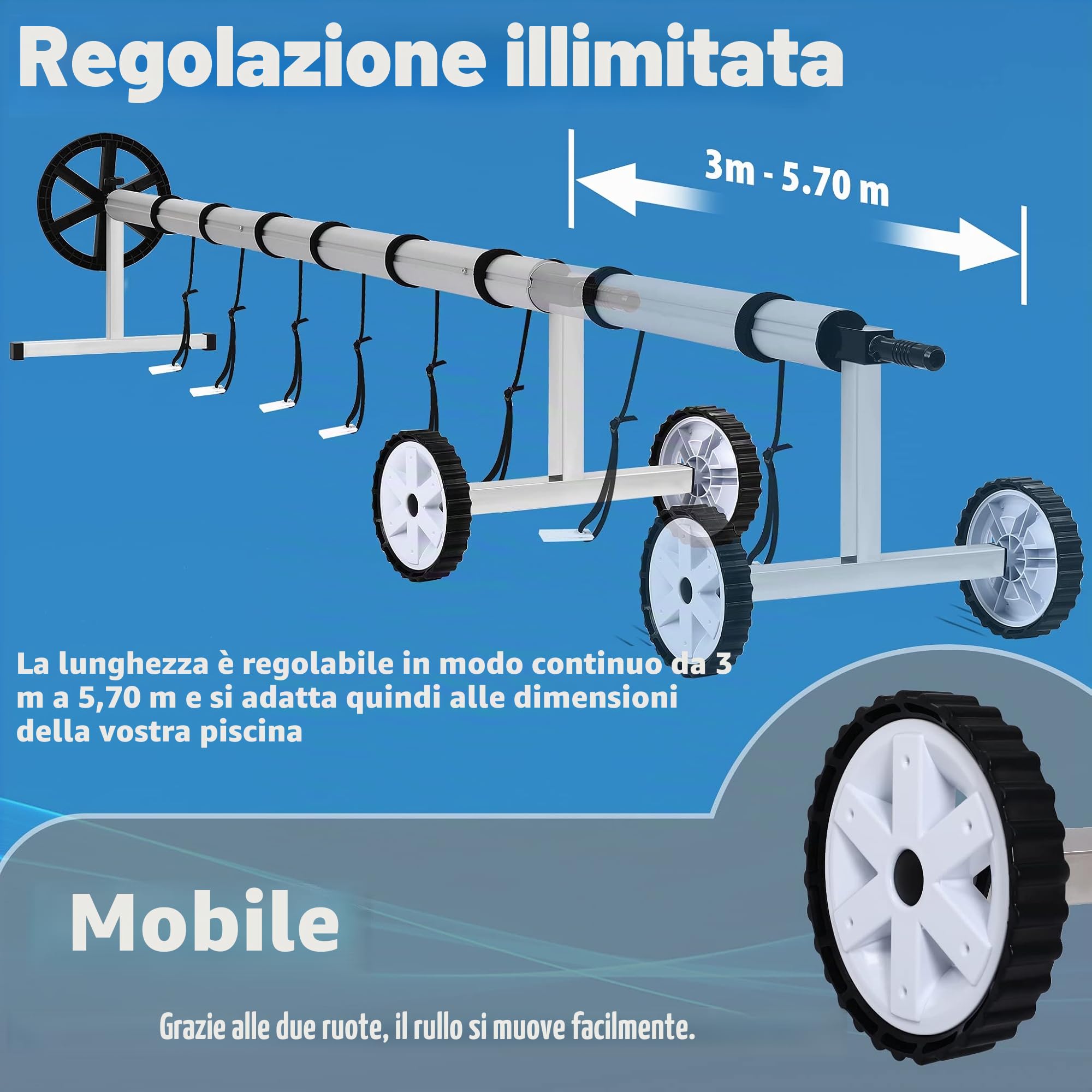 Sistema di avvolgimento mobile per piscina, accessorio per teloni da piscina, telo solare con nastri e ruote, 3-5,7 m