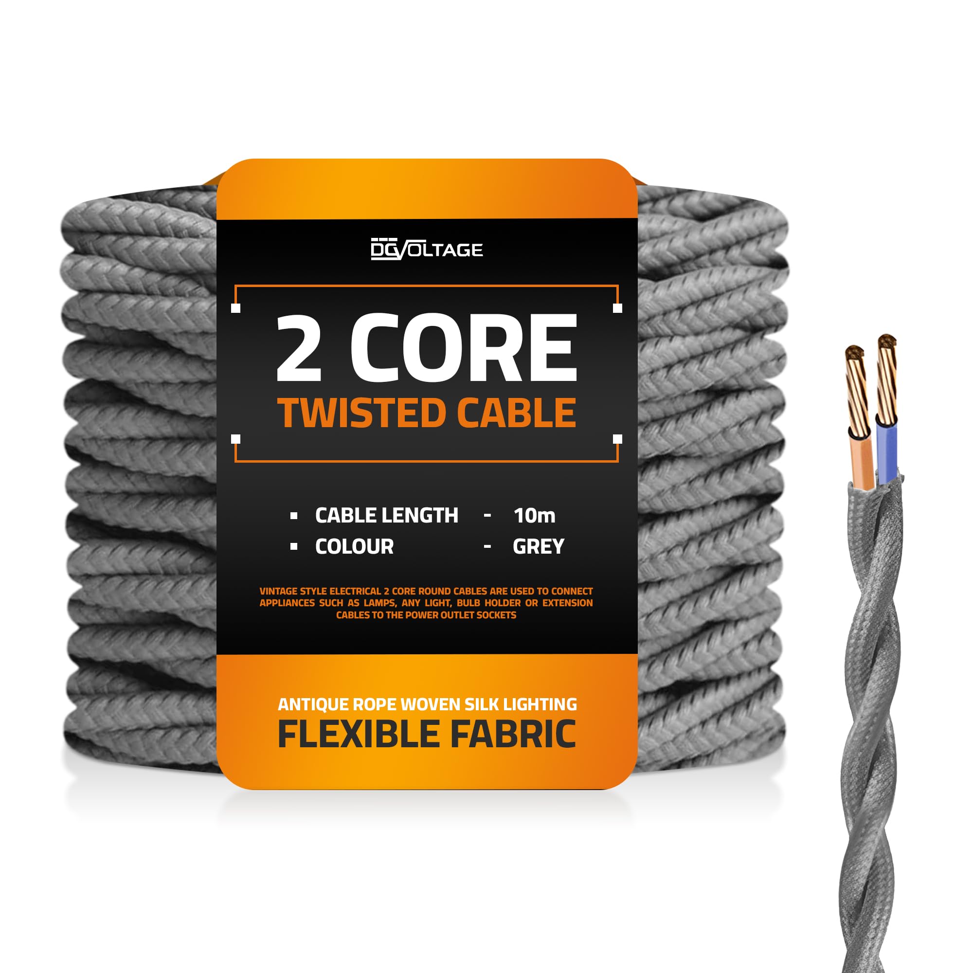 DC VOLTAGE 10m 2 Core Twisted Cable Flexible Wire Lamp Cord, 2 Conductor 32.8ft Vintage Light Flex Cable DIY Lamps Electrical Wire Lighting Appliance Wire Twisted Fabric Electrical Wire (Grey)