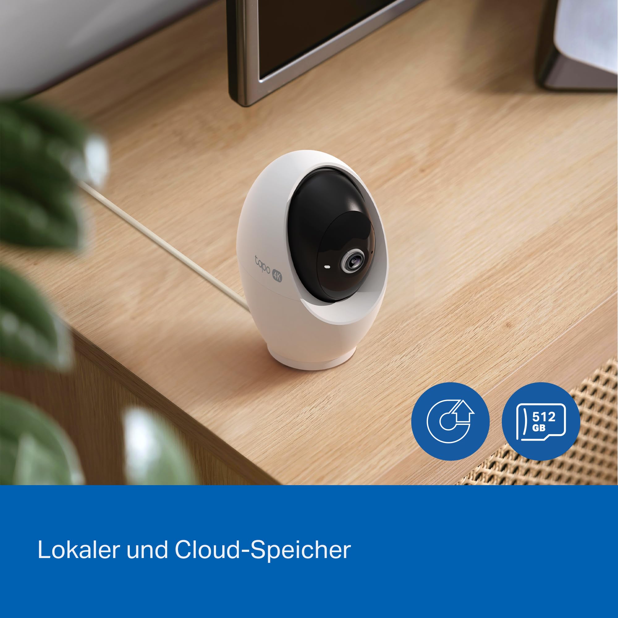 Tapo C260 4K 8MP Überwachungskamera Innen 360°, Lokale KI-Erkennung, Physischer Privatsphärenmodus, 18-Facher Digitalzoom, Bewegungsverfolgung, Zwei-Wege-Audio, MicroSD-Karte Bis zu 512 GB