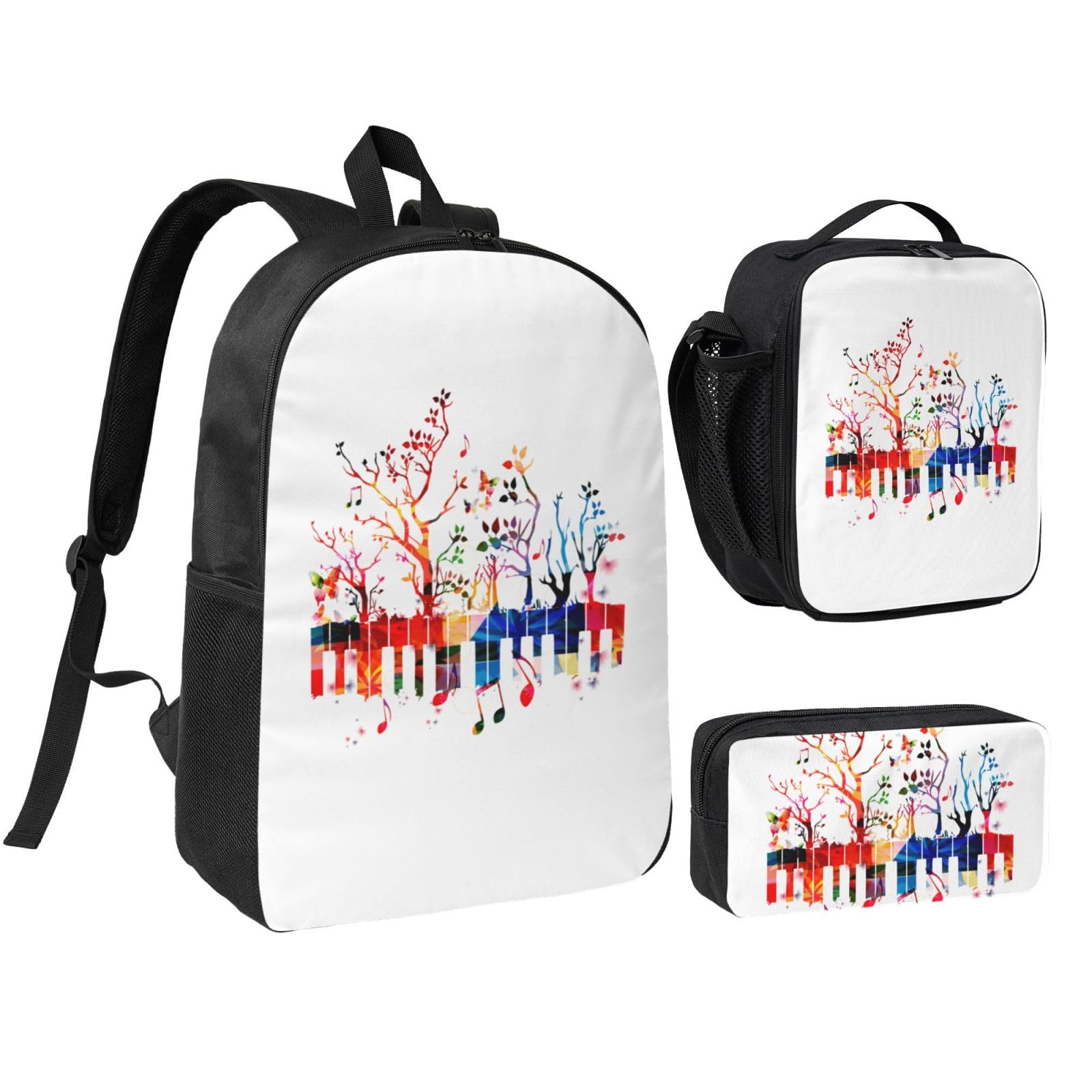 Set di tre pezzi con stampa colorata con tastiera di pianoforte e note musicali - zaino, astuccio, borsa per il pranzo, Nero , Taglia unica, Zaino casual
