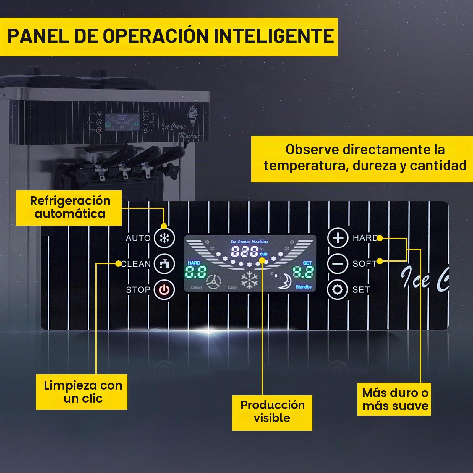 Máquina de helado comercial 20-28L/h 2200W 3 sabores, máquina de helado italiana tolva, panel LED de limpieza automática, refrigeración de noche, para yogur café Snack-Bar