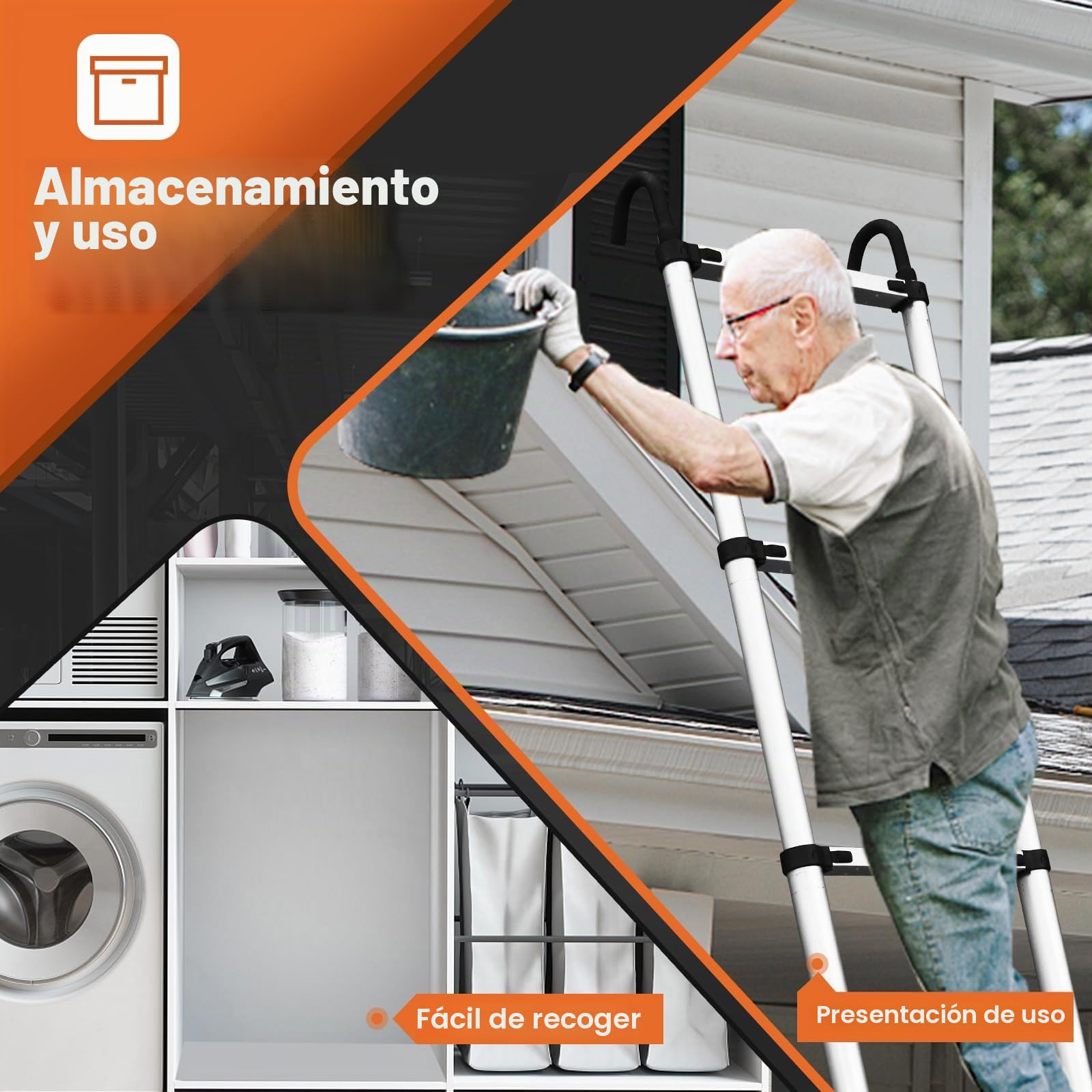 Escalera telescópica de 3.2 m con Ganchos y pies Antideslizantes, Escalera Plegable de Aluminio Ligero para altillos, Casas rodantes, Exteriores e Interiores, Capacidad de Carga de 150kg.Argentato