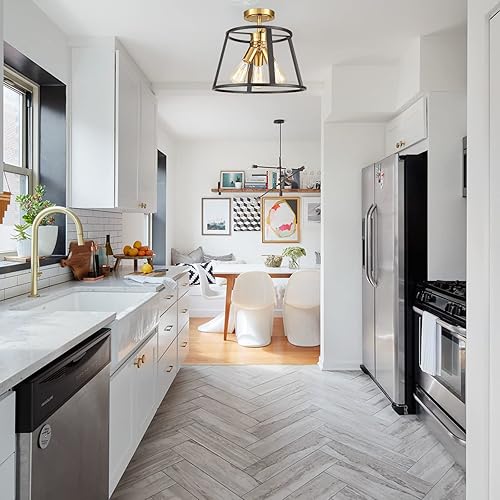 Miniatura 4 de HYDELITE Lámpara de techo semiempotrada estilo casa de campo, moderna lámpara de techo de latón y negro, 3 luces