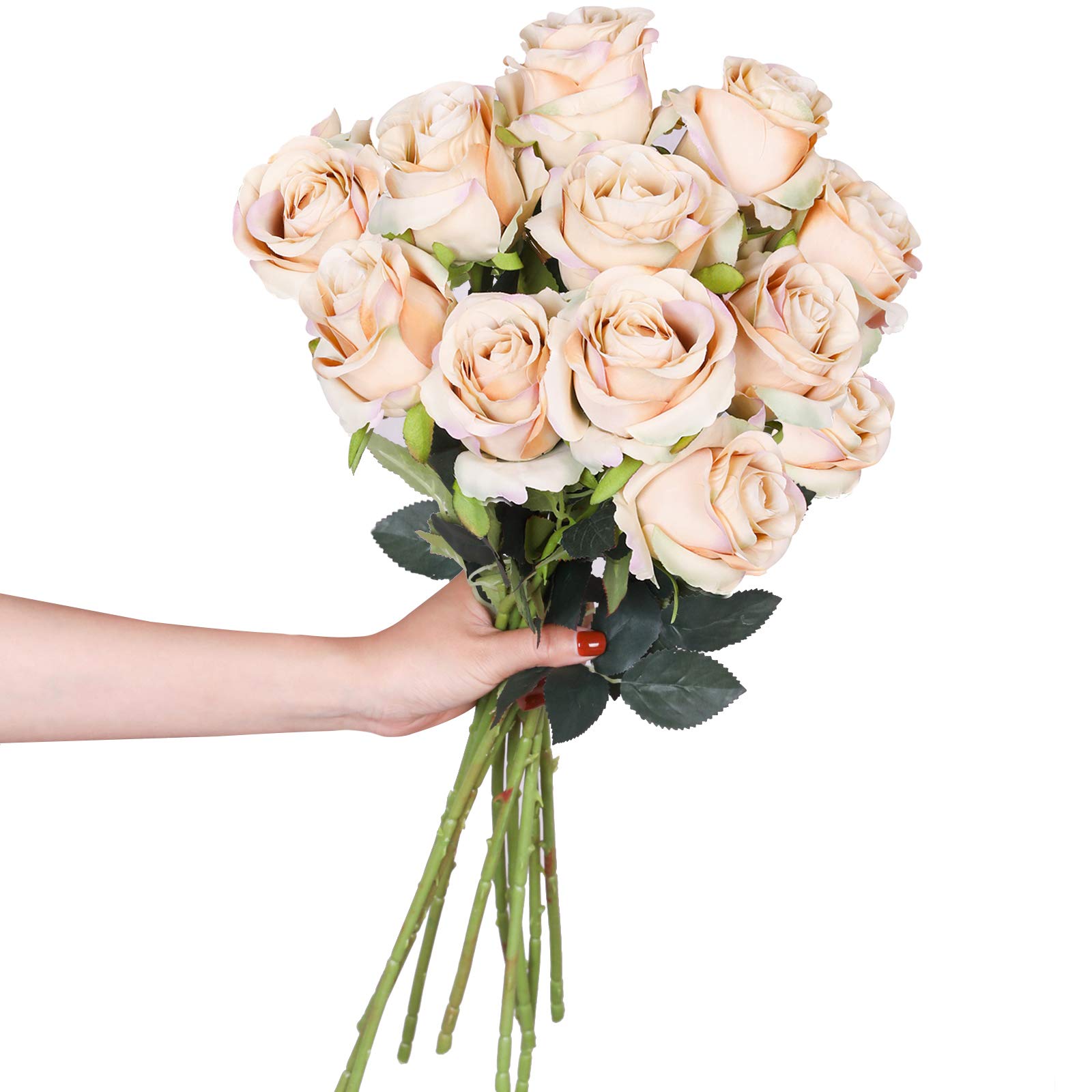 Artificial Flowers 10 PCS Silk Roses with Long Stems Faux Realistic Roses for Wedding Bouquets Table Centerpieces Party Home Decor(Champagne)