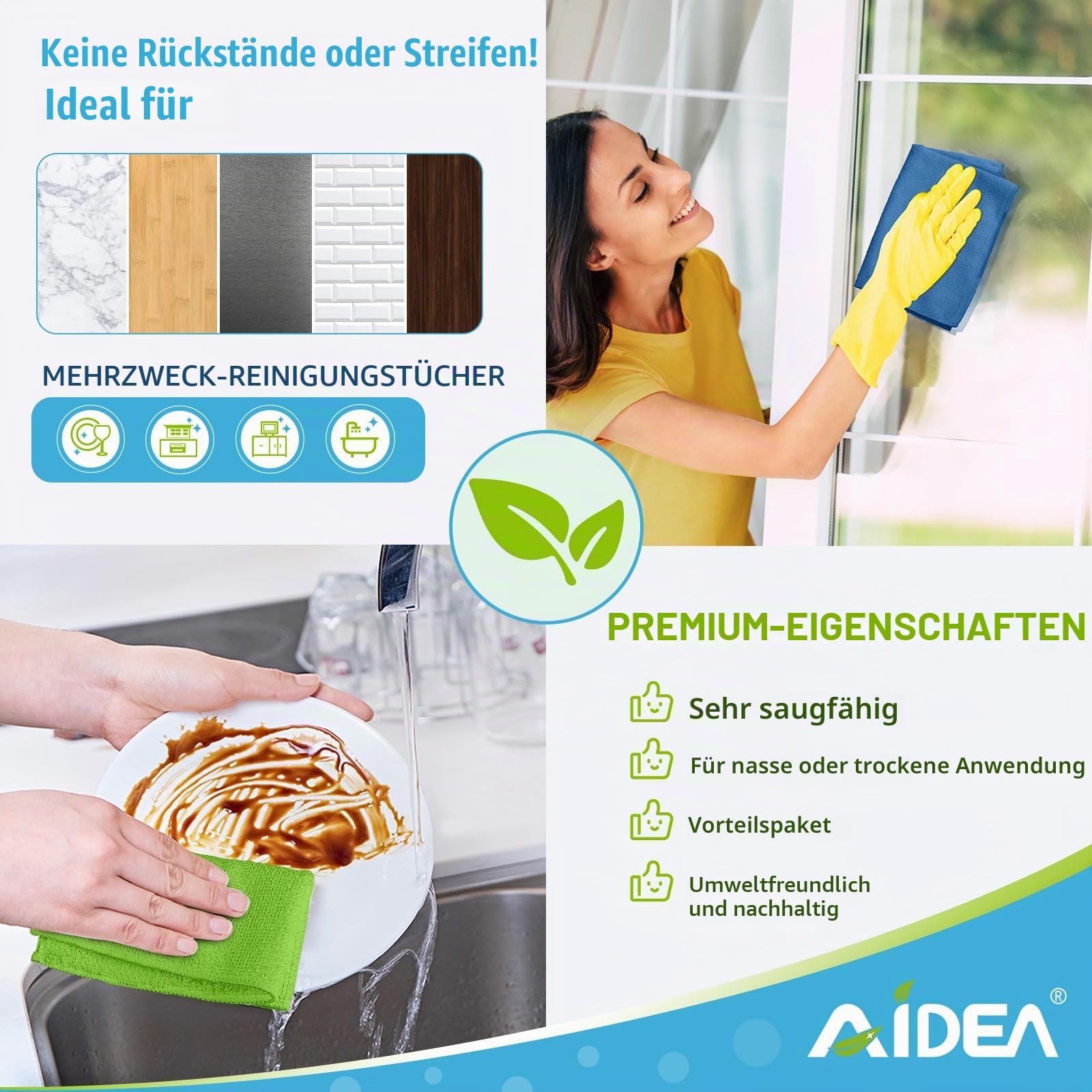 AIDEA Mikrofaser Reinigungstücher Lappen Putztücher Fenster Tücher Mikrofasertücher Geschirrtücher 100 Stück, 30x30cm