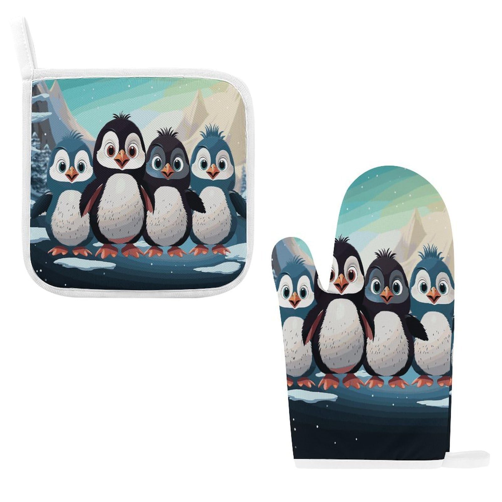 Fodpand Style Five Cute Penguins Oven Mitts And Pot Holders Sets