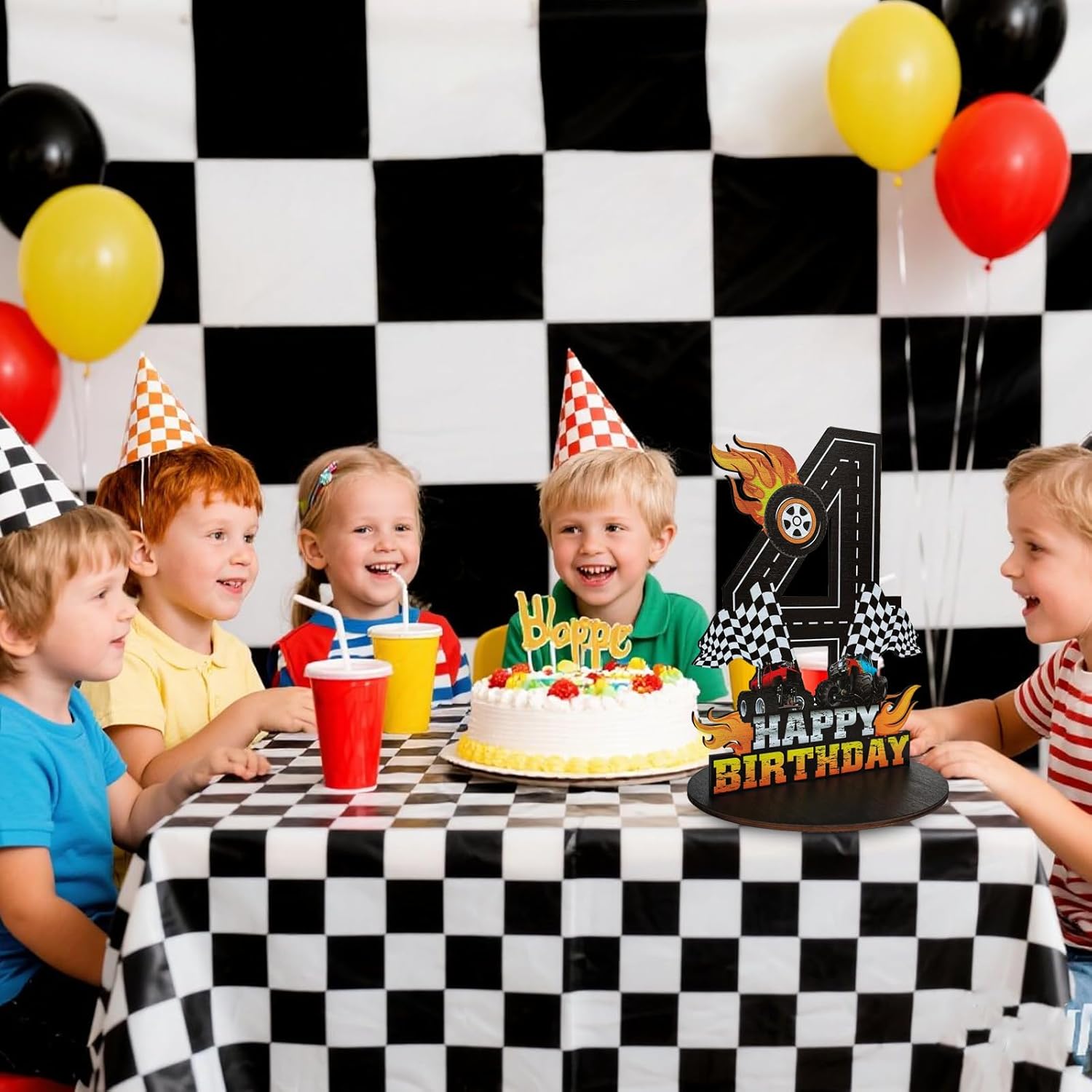 Truck Birthday Number Sign Centerpiece, Truck Wooden Decoration Photo Props for Truck Birthday Decorations (4th)