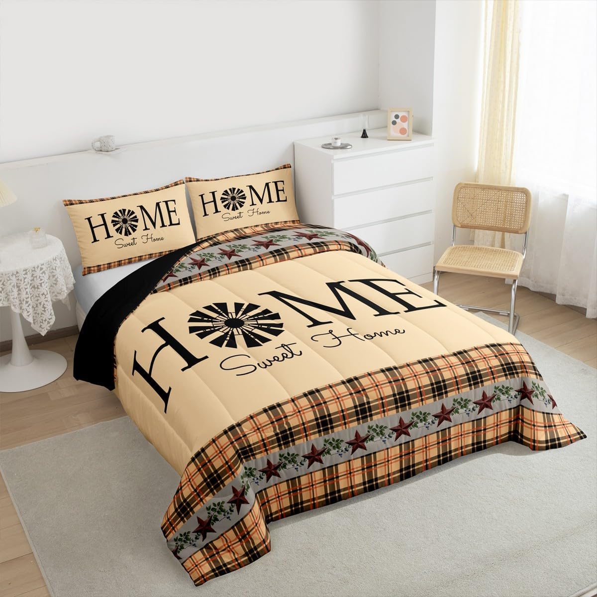 Erosebridal Primitive Country Farmhouse Bedding Set,Windmill Decor Comforter Set Queen Tan Khaki Black Plaid Bedding Comforter Sets Western Vintage Quilt Rustic Farmhouse Bedroom Decor,2 Pillow Cases