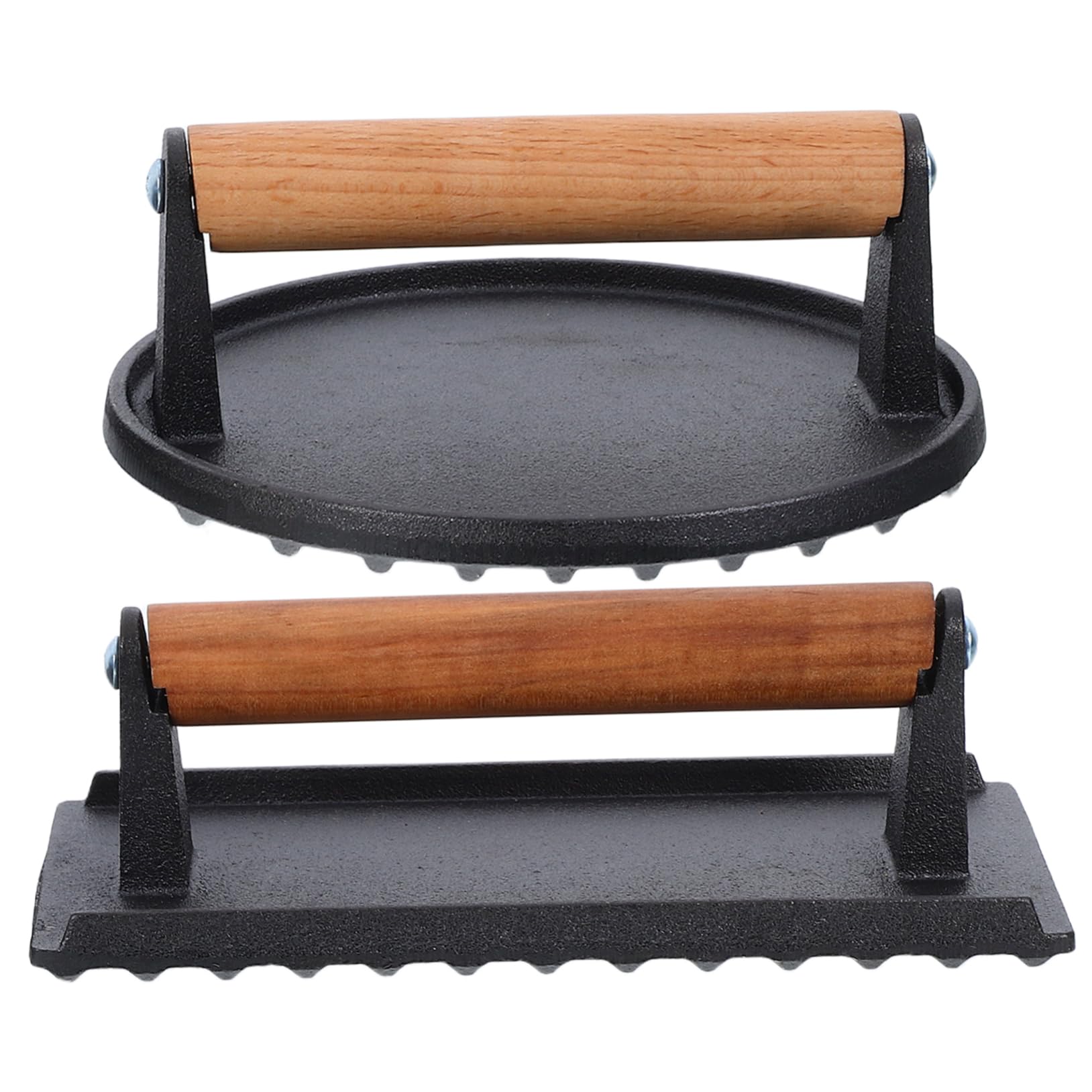 FUNOMOCYA 2pcs Manual Meat Press Cast Iron Flat Grill Press for Hamburgers Bacon and Steaks with Wooden Handle for Griddles Ovens and BBQ Cooking