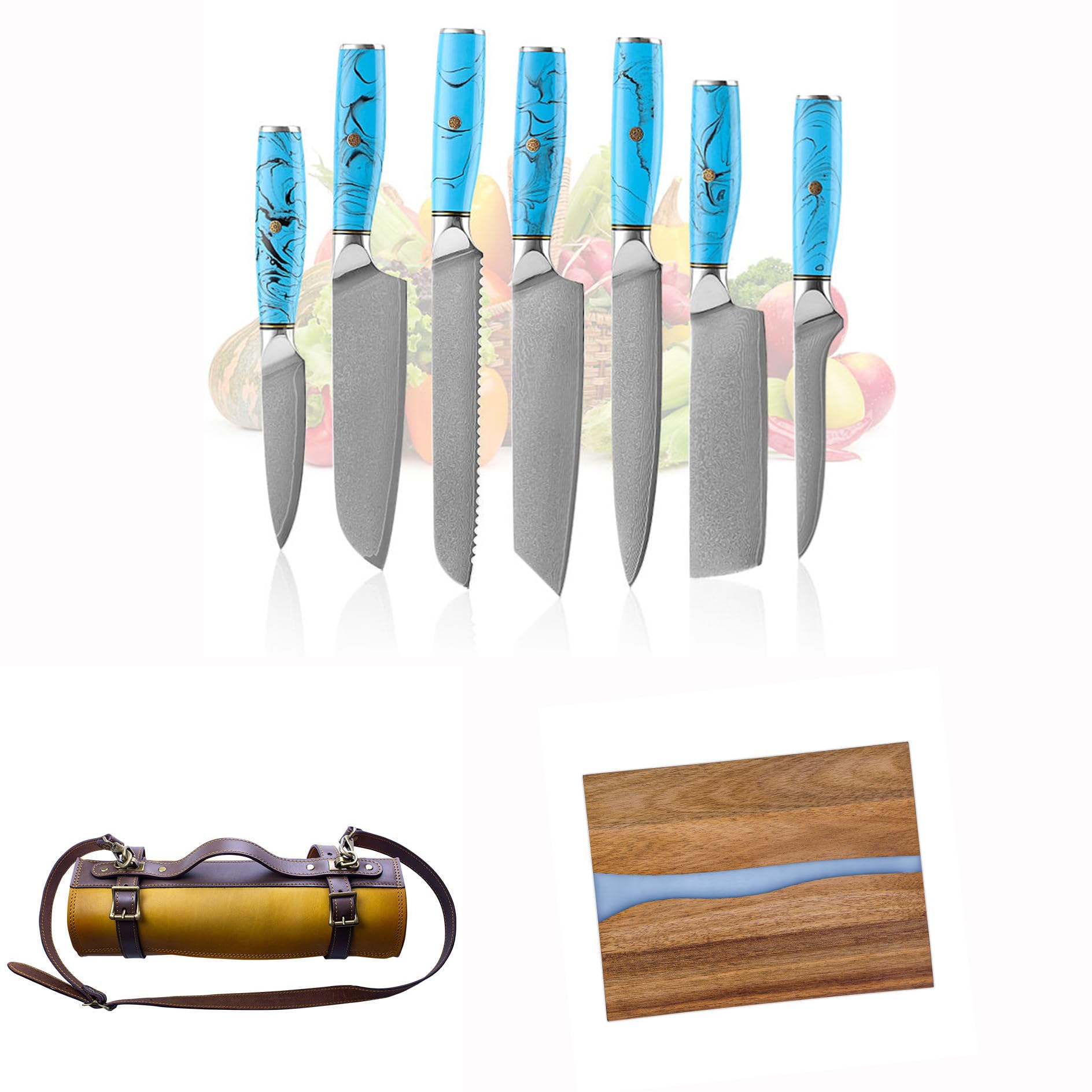 Kitchen Knife Set 7 Piece Damascus Knife Professional Sharp Cooking Knife Set With Knife Bag and Chopping Board