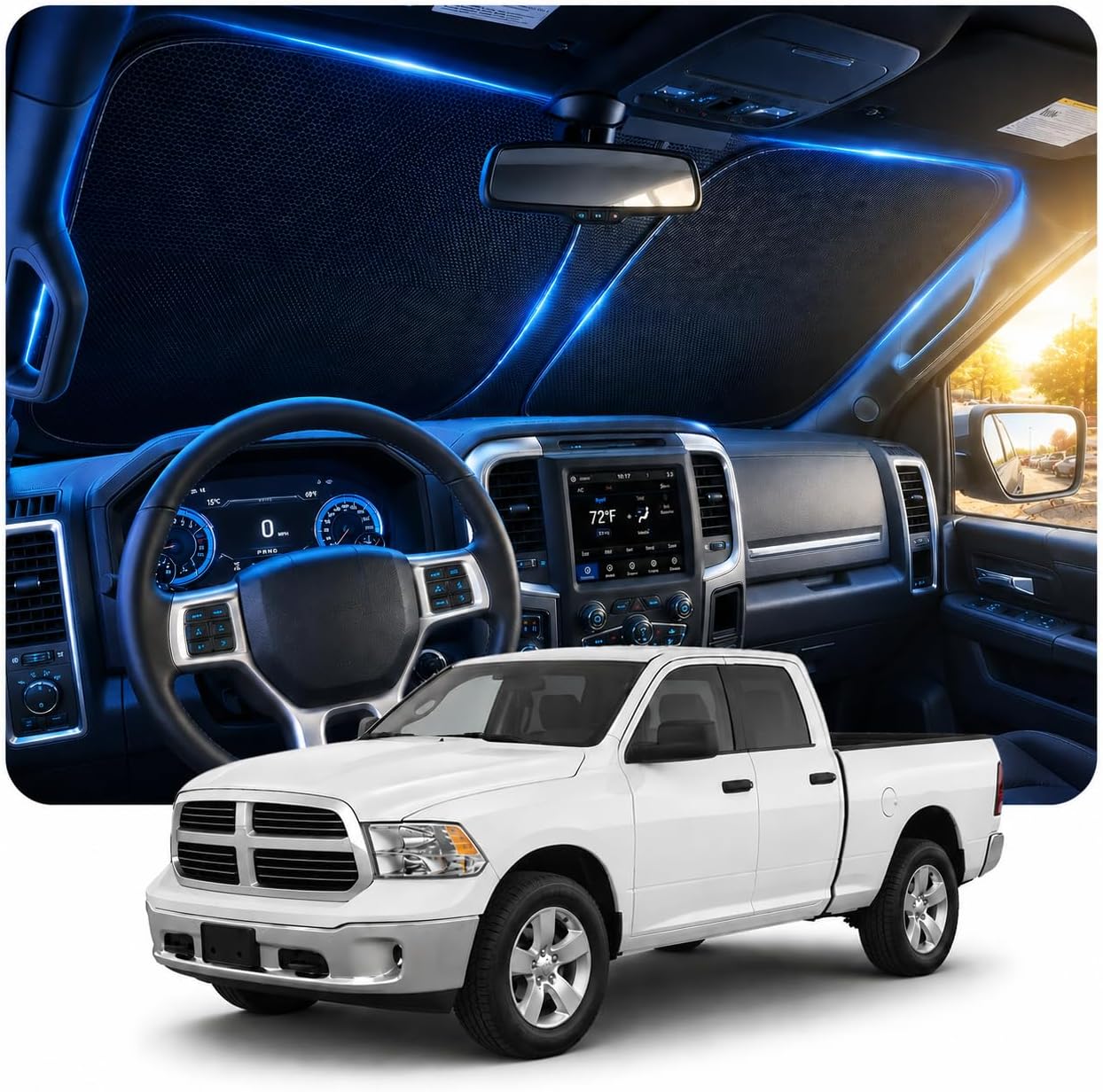 [2026 Upgraded] DooGooCoo Windshield Sun Shade for RAM 1500 2500 3500 2009-2017 2018 [Cooling Ice-Crystal, 100% Sun Block] Car Sun Shade Windshield for Truck RAM 1500 Sun Shade, Custom for RAM Front.