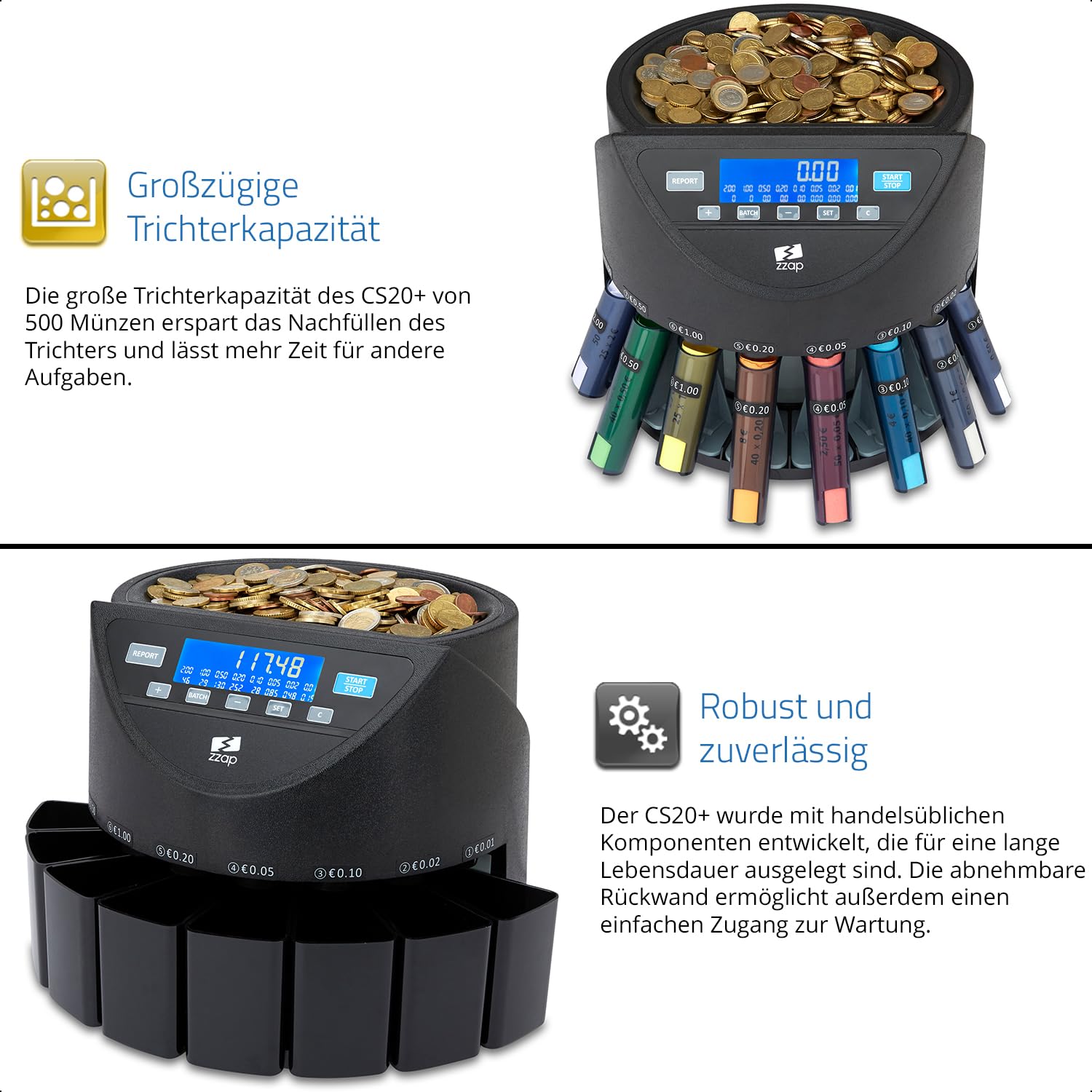 ZZap CS20+ Automatischer EURO Münzzähler & -sortierer - Geldzählmaschine Münzzählautomat Geldzähler