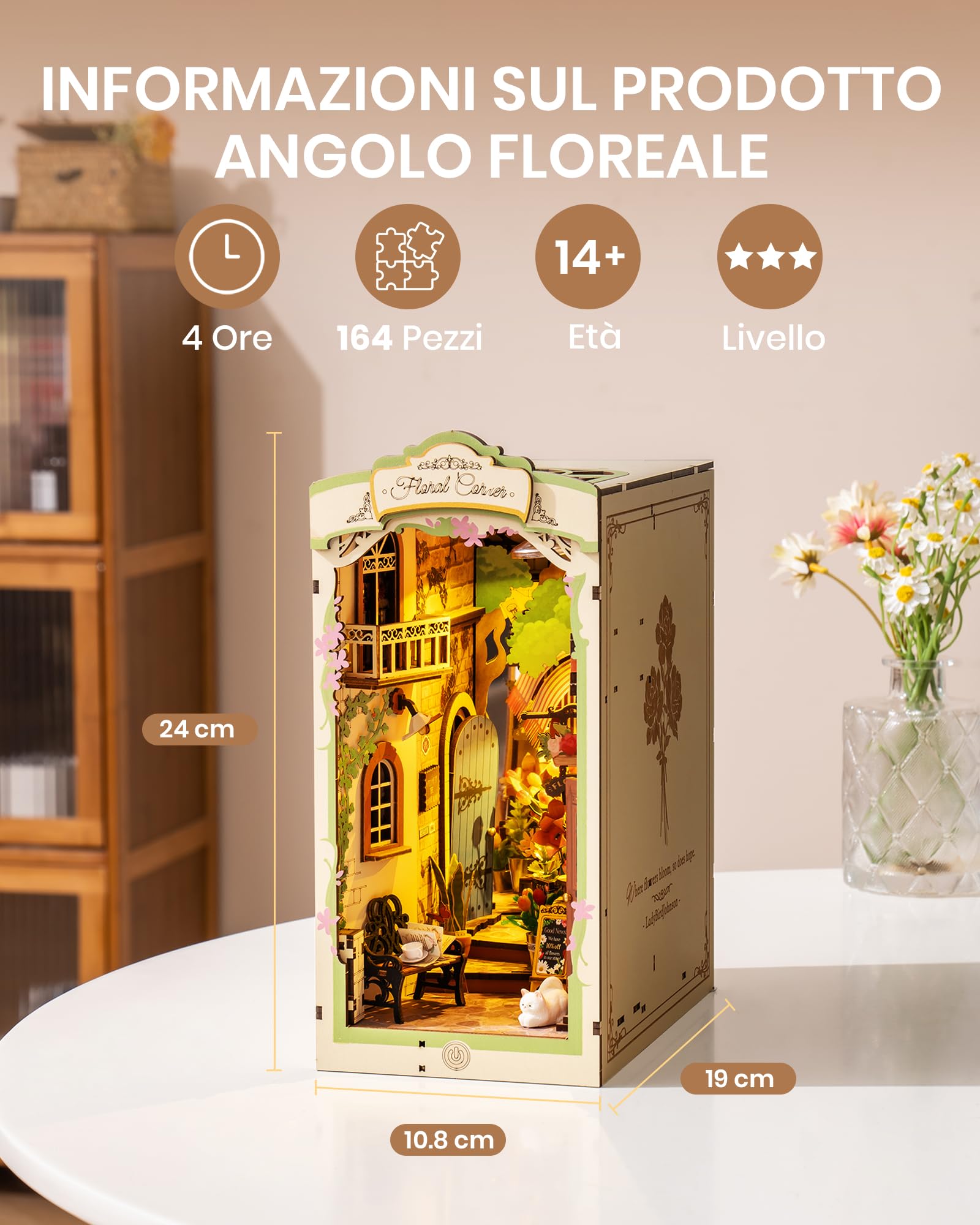 ROBOTIME Book Nook Angolo Floreale Diorama in Legno con Luci LED, Booknook Casa Delle Bambole Miniature da Costruire, Decorazione della Libreria, Regali per Adulti, Donne e Ragazze