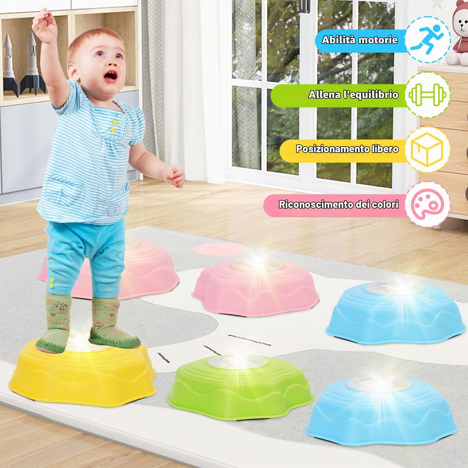 Pietre di Bilanciamento per Bambini con Luci e Musica, 6 Pietre Sensoriali di Equilibrio Impilabili Antiscivolo, Percorsi Psicomotricità Ostacoli Interni ed Esterni, Promuove l'equilibrio e Motricità