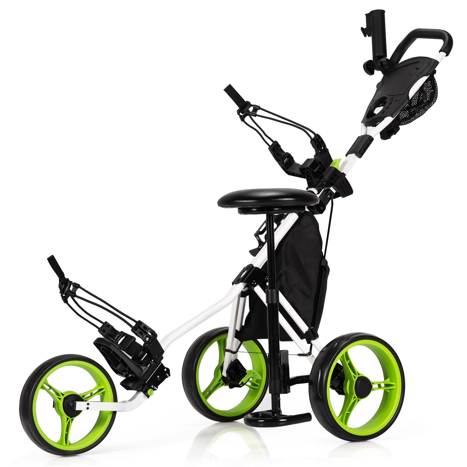 COSTWAY 3 Wheel Golf Push Pull Cart, Lightweight Foldable Golf Trolley with Adjustable Height Handle, Umbrella Stand, Cup Holder and Foot Brake (132 x 75 x 116cm, Green, with Detachable Stool)