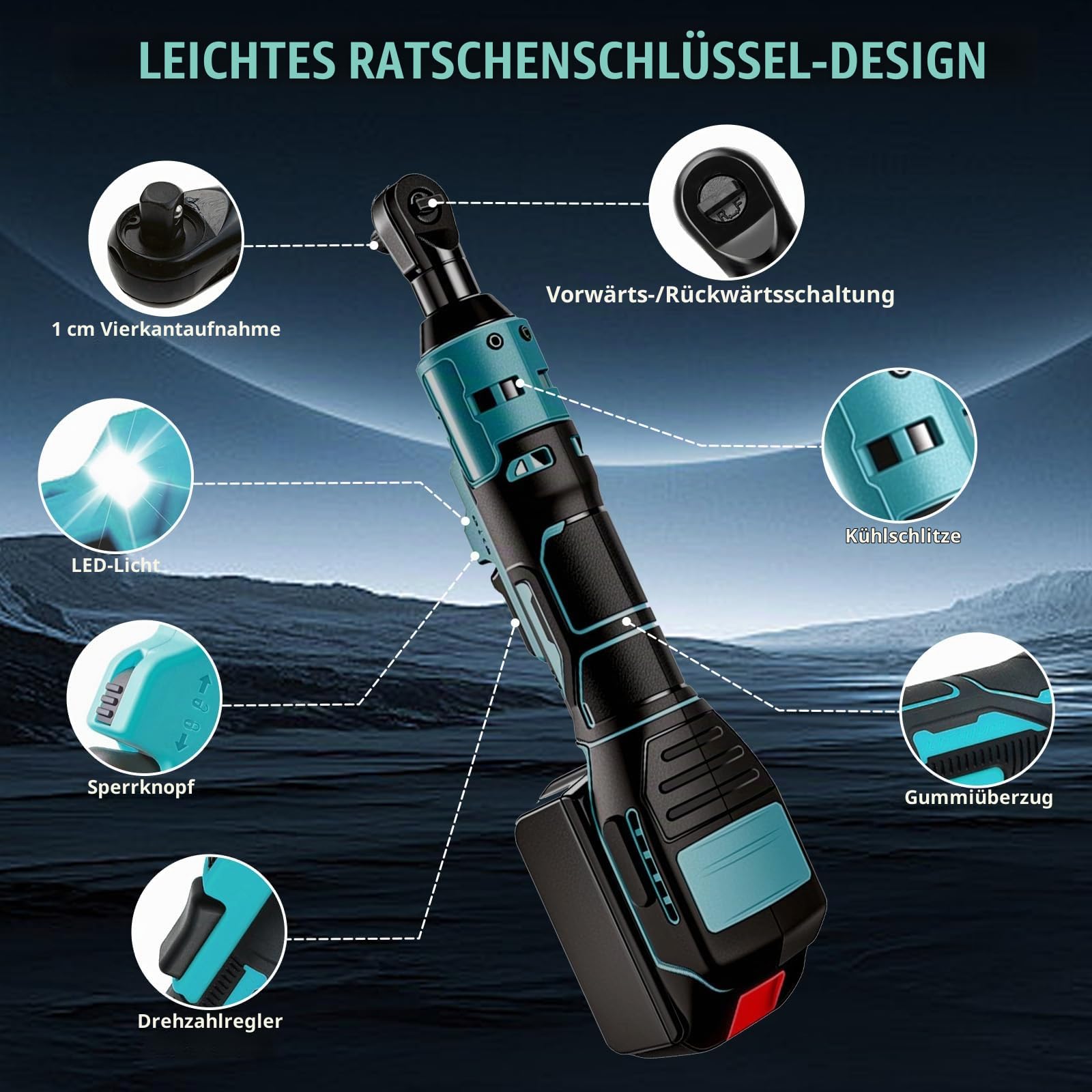 Akku Ratsche für Makita 18V-akku – 3/8" Ratschenschlüssel,60 Nm 400 U/min Elektrisch Ratschenschrauber, Kabelloser Ratsche mit 8 Steckschlüssel,1/4" Adapter und 3" Verlängerungsstange(Ohne-akku)