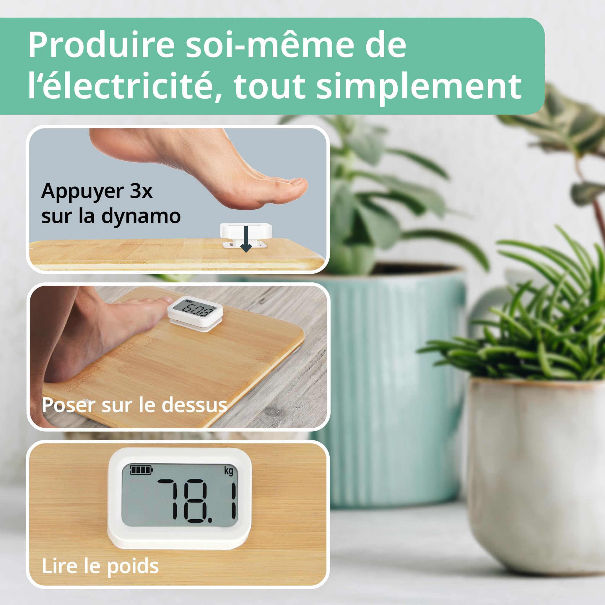 ADE Pèse-personne numérique | Sans piles avec dynamo | Pèse-personne écologique avec surface de pesage en bambou renouvelable | Jusqu'à 150 kg