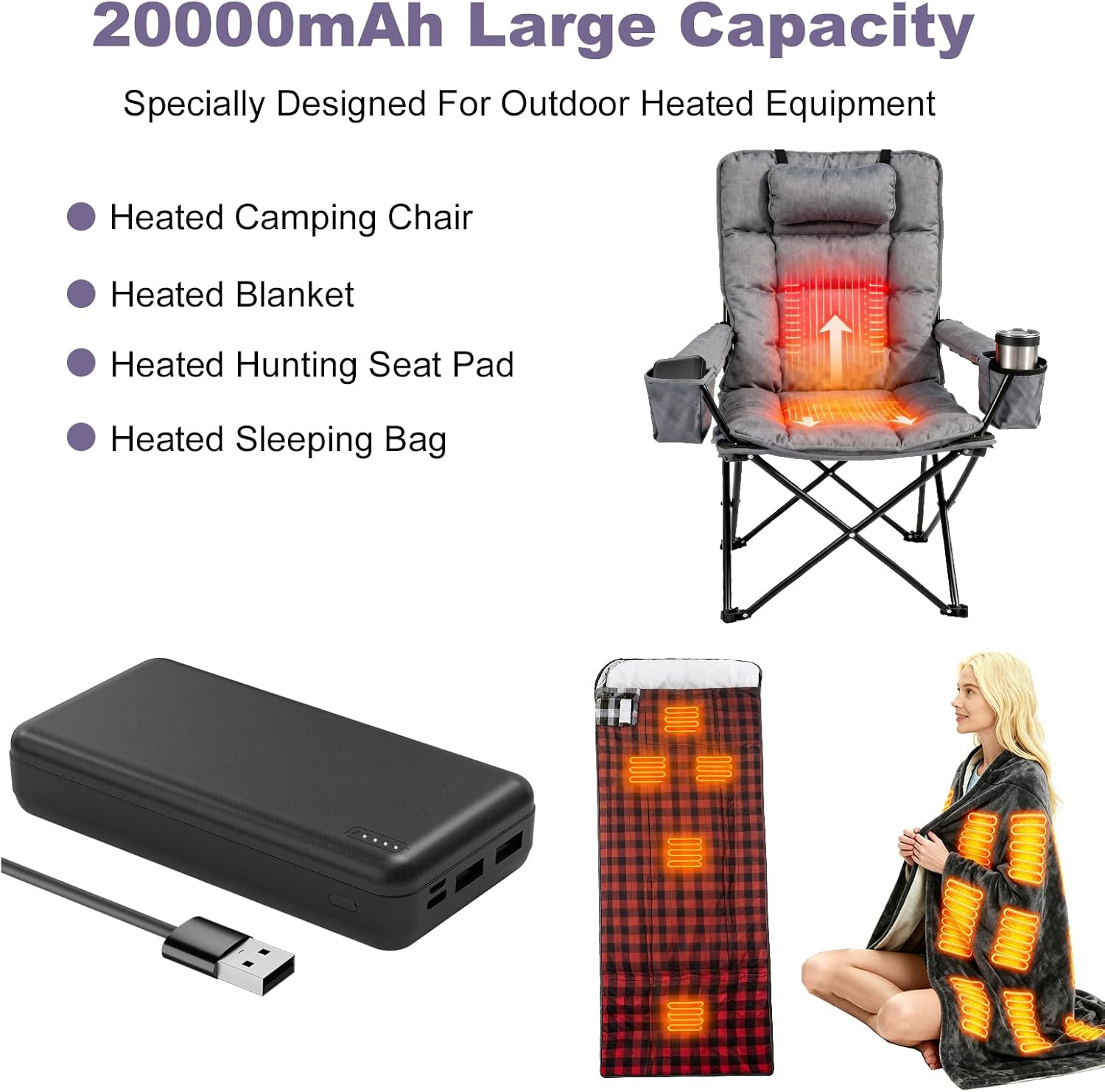 5V2A Battery Pack for Electric Heated Camping Chair, Heated Blanket, Hunting Seat Pad, Sleeping Bag USB Power Bank Camping Work Power (Black, Milliamp Hours, 10000) - Image 2