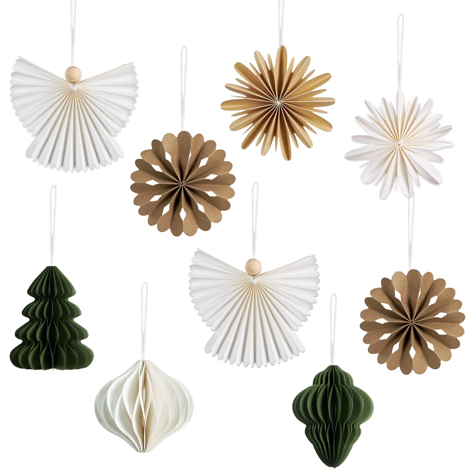 Reusable Paper Christmas Decorations - 9PCS Christmas Hanging Decorations Paper Christmas Tree and Bauble Honeycomb Christmas Ornaments with Angel Snowflakes for Xmas Holiday Home Party