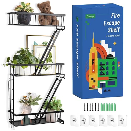 SweetSage Fire Escape Wall Shelf - New York Decorative Ladder Shelf, Wall Art Floating Shelf Black Metal Shelves for Bedroom, Home Office Storage and Display (3-Tier)