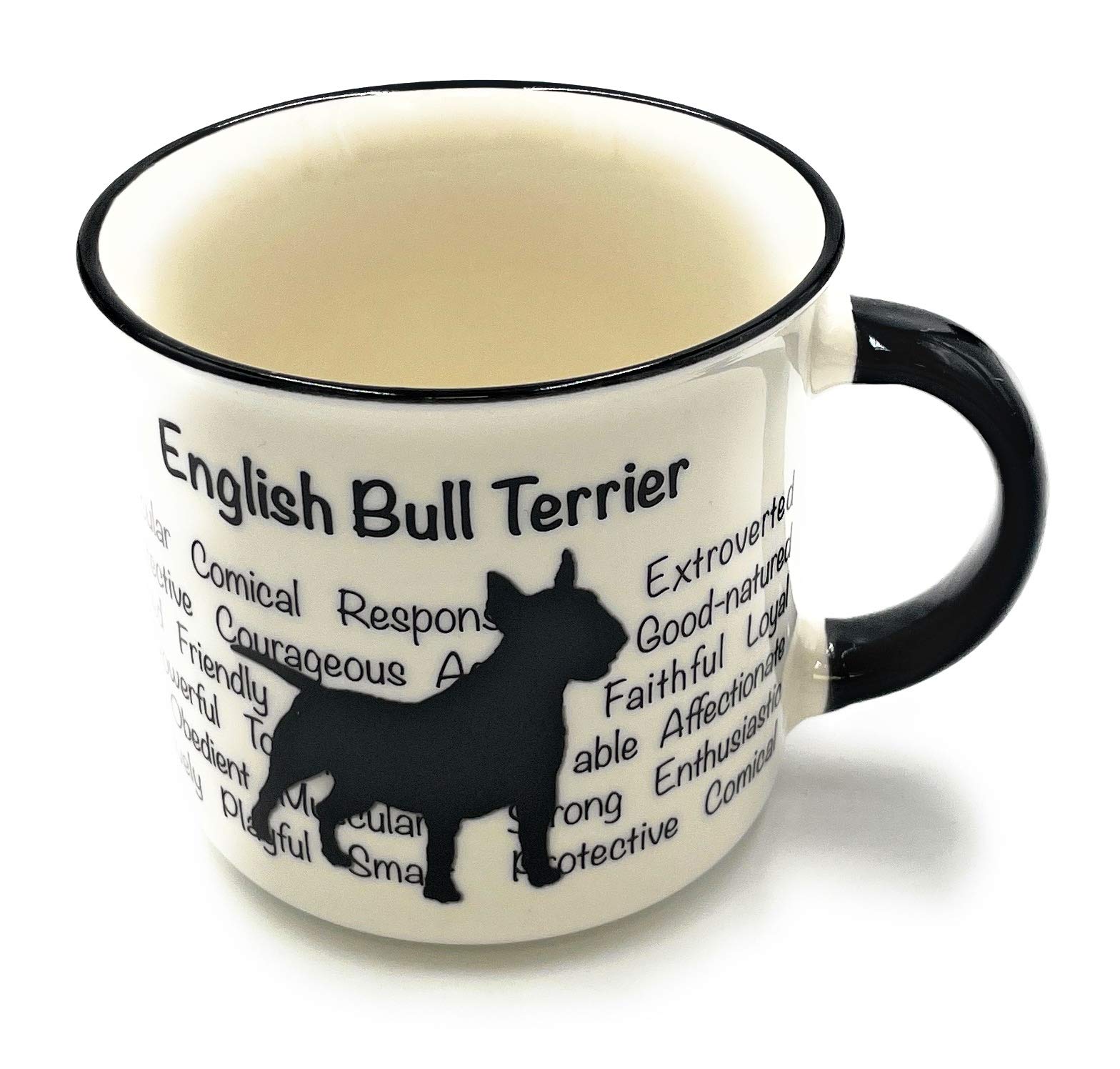 English Bull Terrier Mug - Dog Silhouette in Black on White Mug, Characteristics on Cup. Coffee Mug/ Tea Cup. Great Gift/ Present idea for Dog Owners.