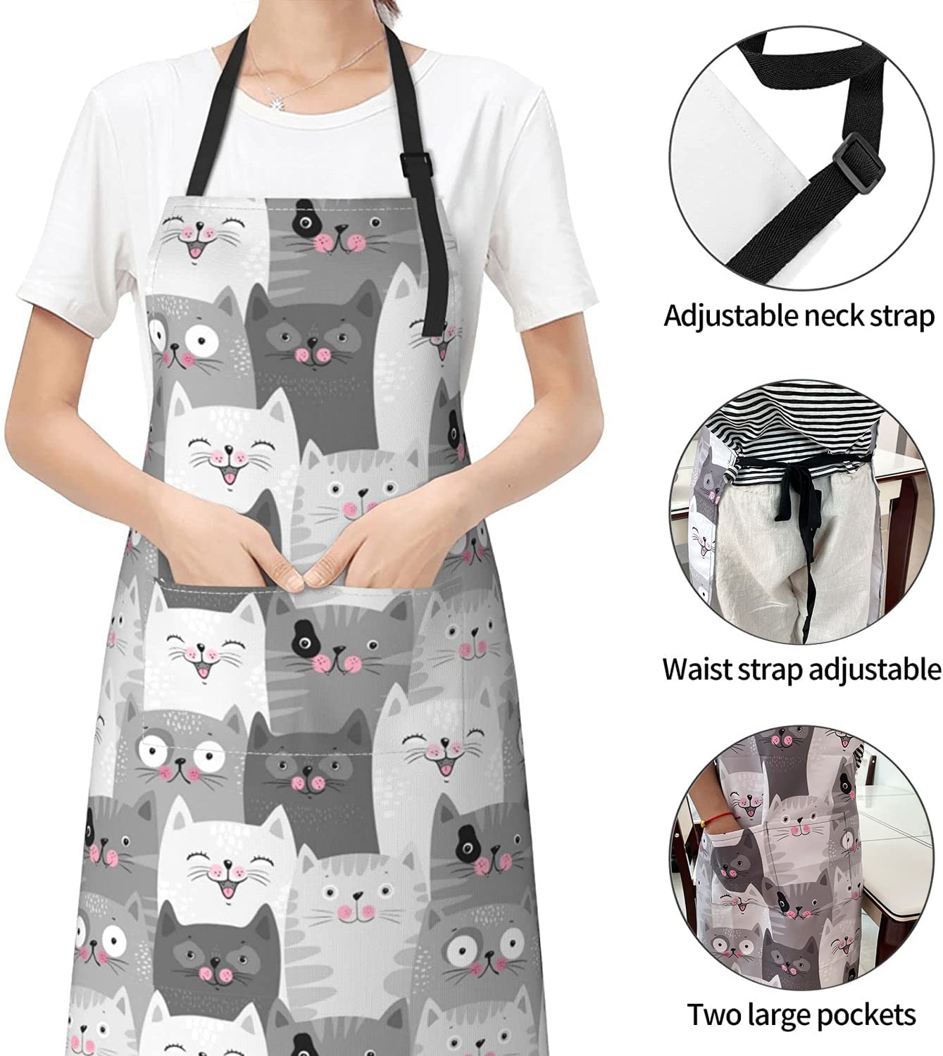 Delantales con diseño de gatos lindos para mujeres con bolsillos, regalos de cumpleaños de Navidad para hombres, chef, mamá, papá, esposa, marido, tía, Gris 4