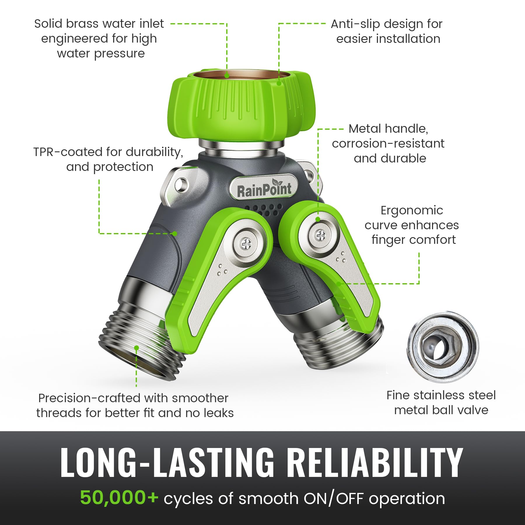 RAINPOINT Robinet Double 3/4", Corps 100% métal Distributeur 2 Voies avec Interrupteur indépendant et Adaptateur 3/4" 1/2", débit d'eau réglable et verrouillable, pour Machine à Laver, Jardins