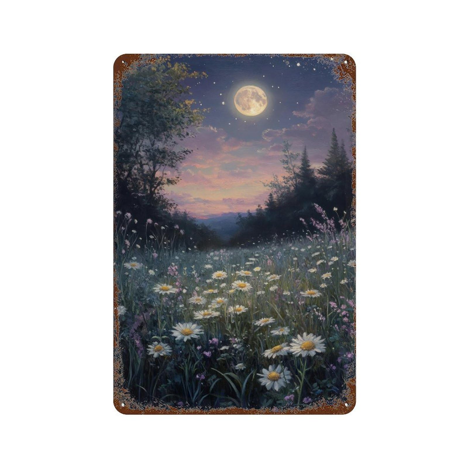 Moonlight Meadow Cottagecore Decor Dark Academia Enchanted Landscape Illustration Vintage Night Scene Rustic Aesthetic Wall Decor Art Metal Tin Poster Modern Home Decor Art Home Bar Shop Decorations