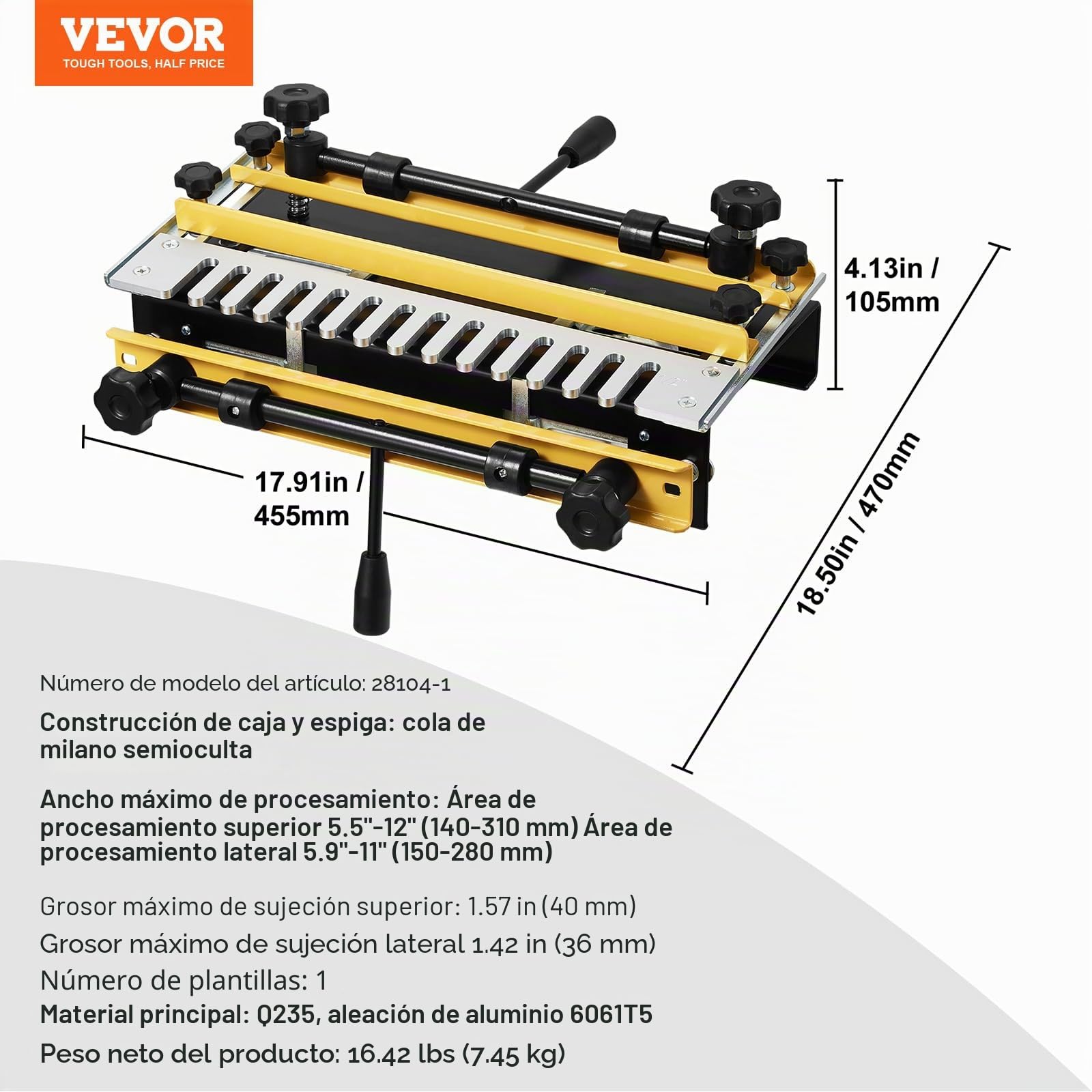 VEVOR Plantilla de Cola de Milano Ancho de 31 cm, Máquina de Colas de Milano Broca de 1/2, Plantilla de Mortaja y Espiga, Herramienta de Carpintería para Fabricación de Muebles y Gabinetes de Madera | Fácil operación, resistente y duradero