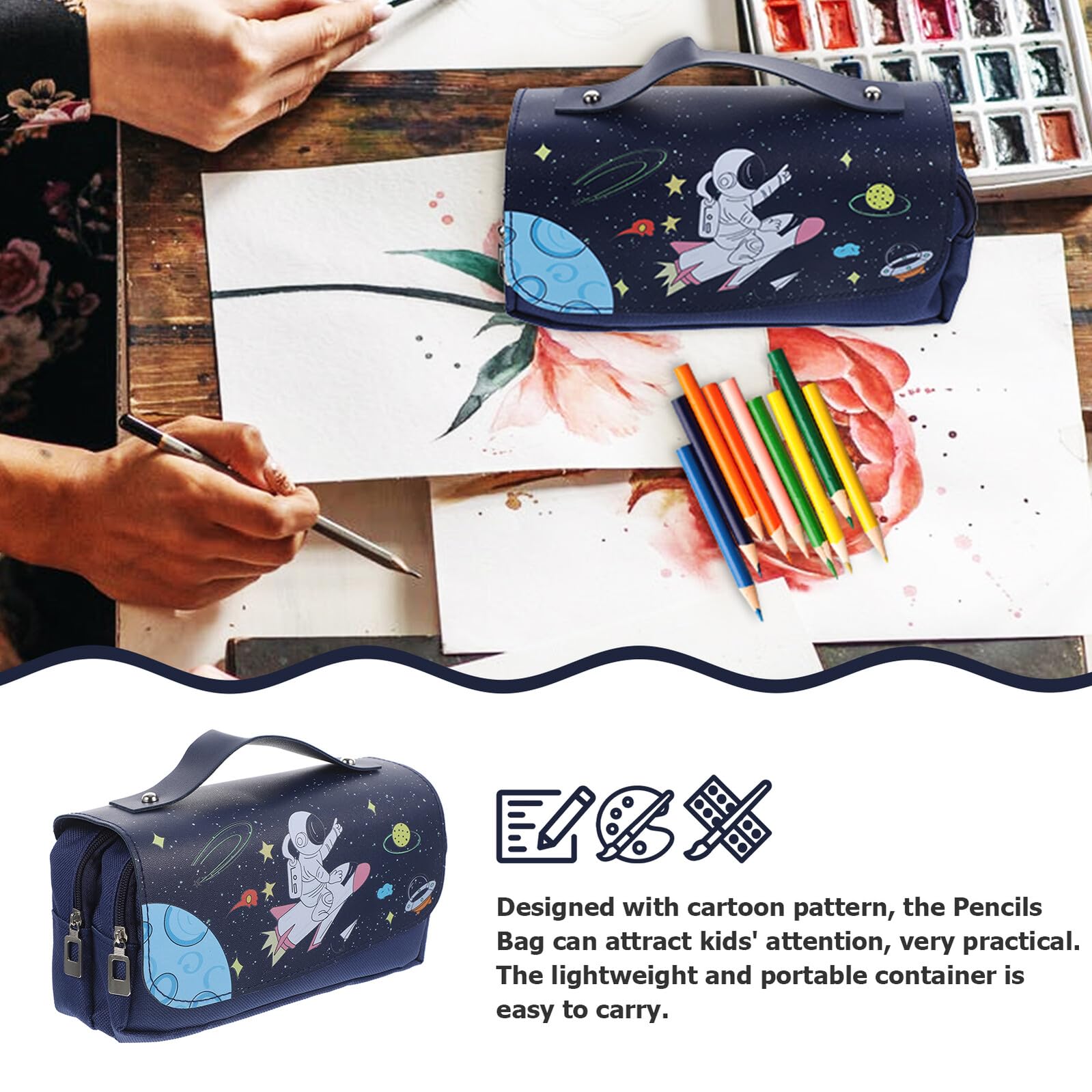 5 Pezzi Astuccio Portapenne Cerniera Grande Capacità, Borsa Portapenne Portatile e Leggera Motivo Cartoni Animati, Astuccio Multifunzione per Studenti e Insegnanti, Custodia