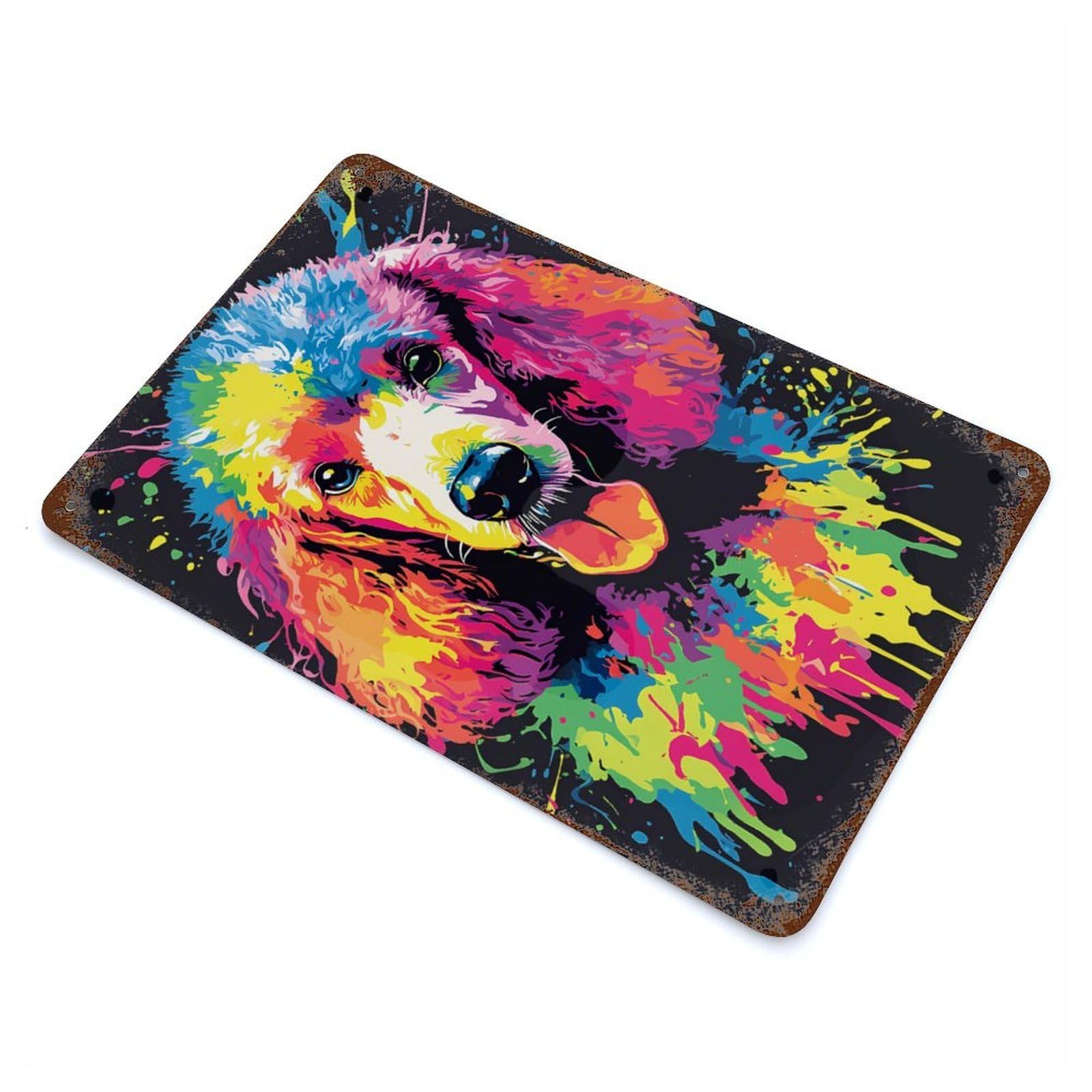 Distressed Metal Wall Sign with Rainbow Poodle Design 11.8"x7.9", for Living Room, Hallway And Home Decor, Vintage Wall Decor