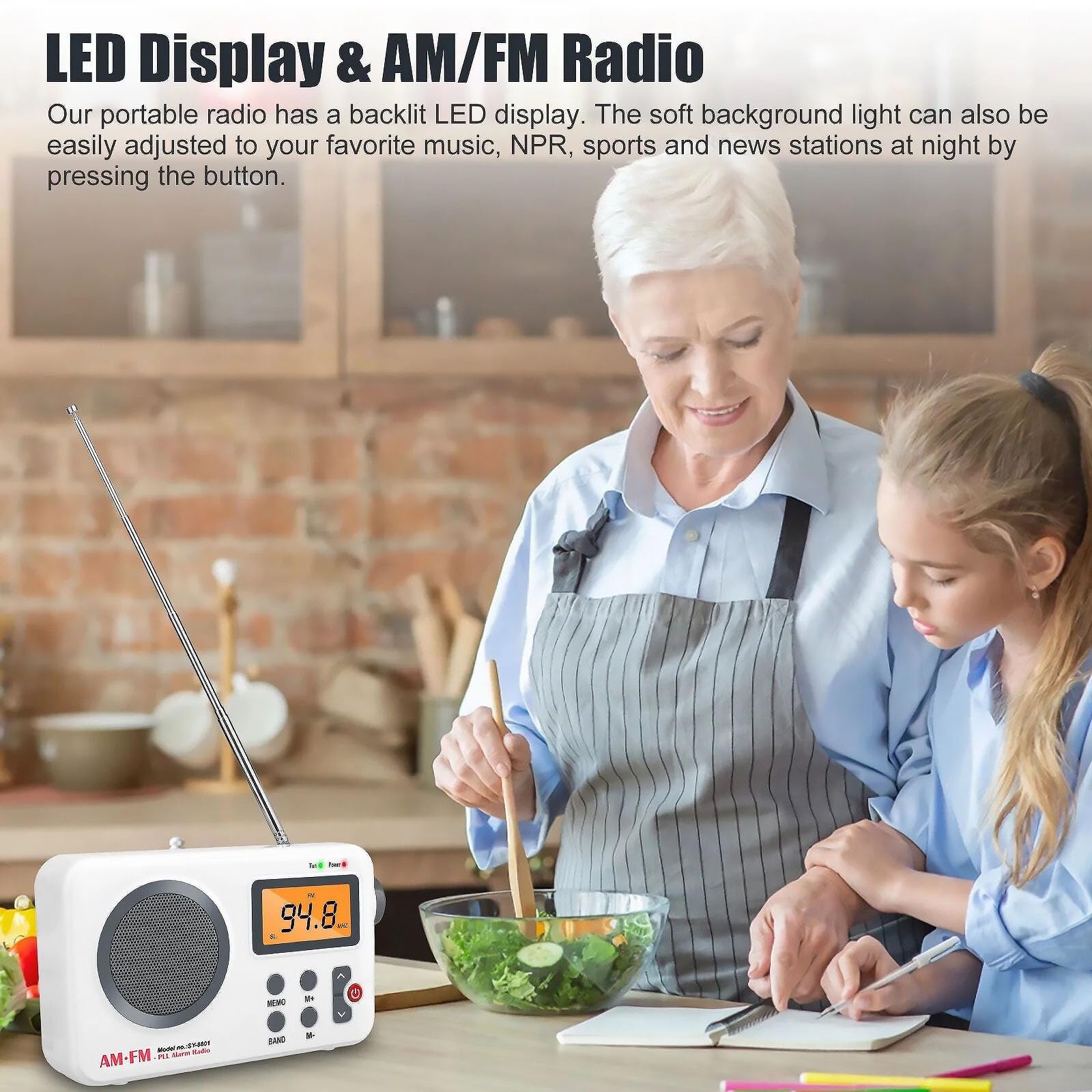 DC 5V AM/FM Radio SY-8801 LED Display Clear Loud Speaker Alarm Clock Support 20-Station Preset for Indoor & Outdoor