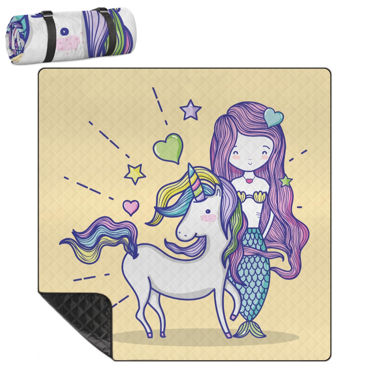 Shimoshe Extra Large Picnic Blankets 79”x 79”, Mermaid Unicorn Horse Waterproof Foldable Picnic Mat with Straps Portable Beach Blanket for Camping Park Grass Beach Indoor