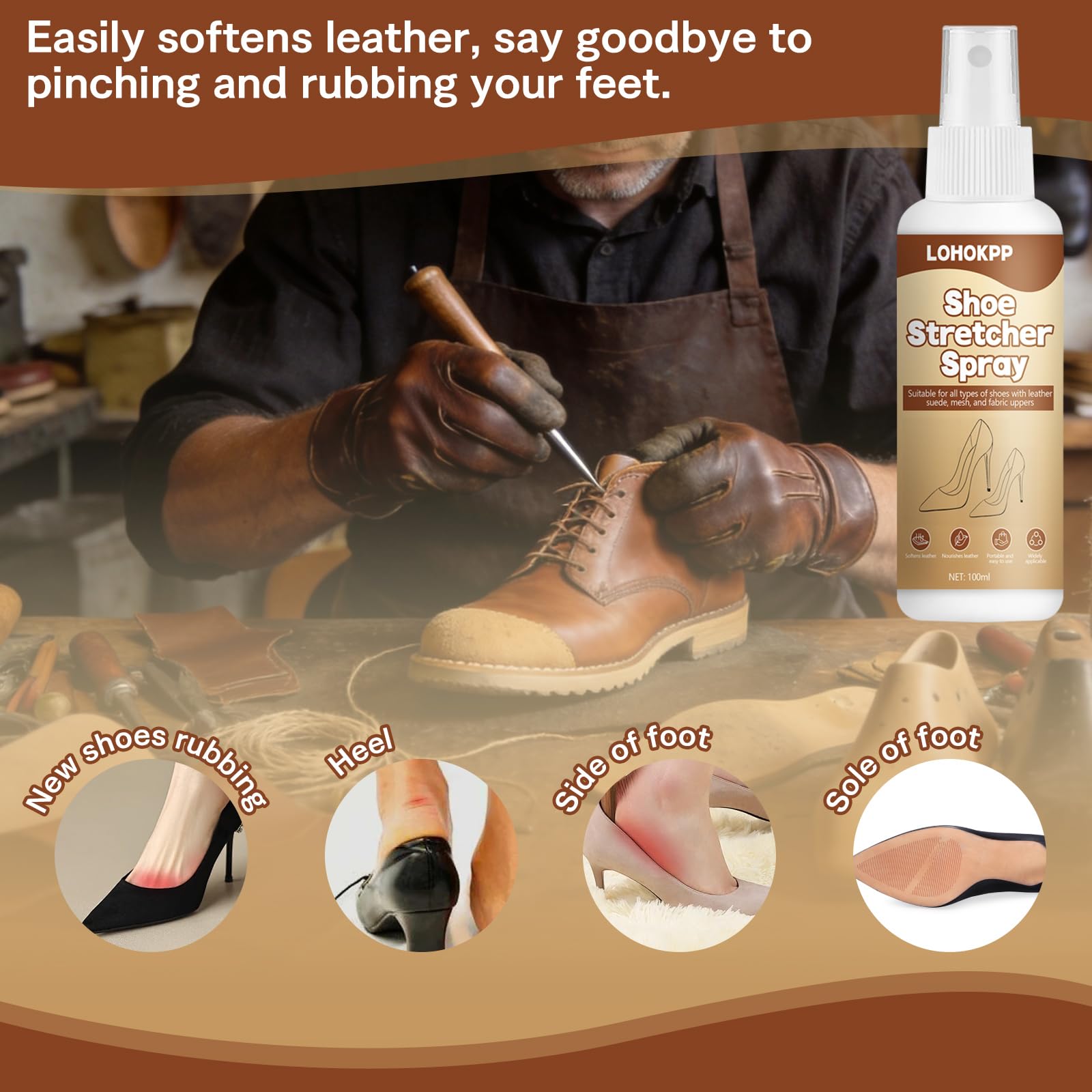 100ml Spray Dilatador Zapatos, Suavizante de Zapatos de Cuero, Estirador de Zapatos, Aumenta la Elasticidad en Zapatos de Cuero, Para Eliminar Rápidamente los Puntos de Presión