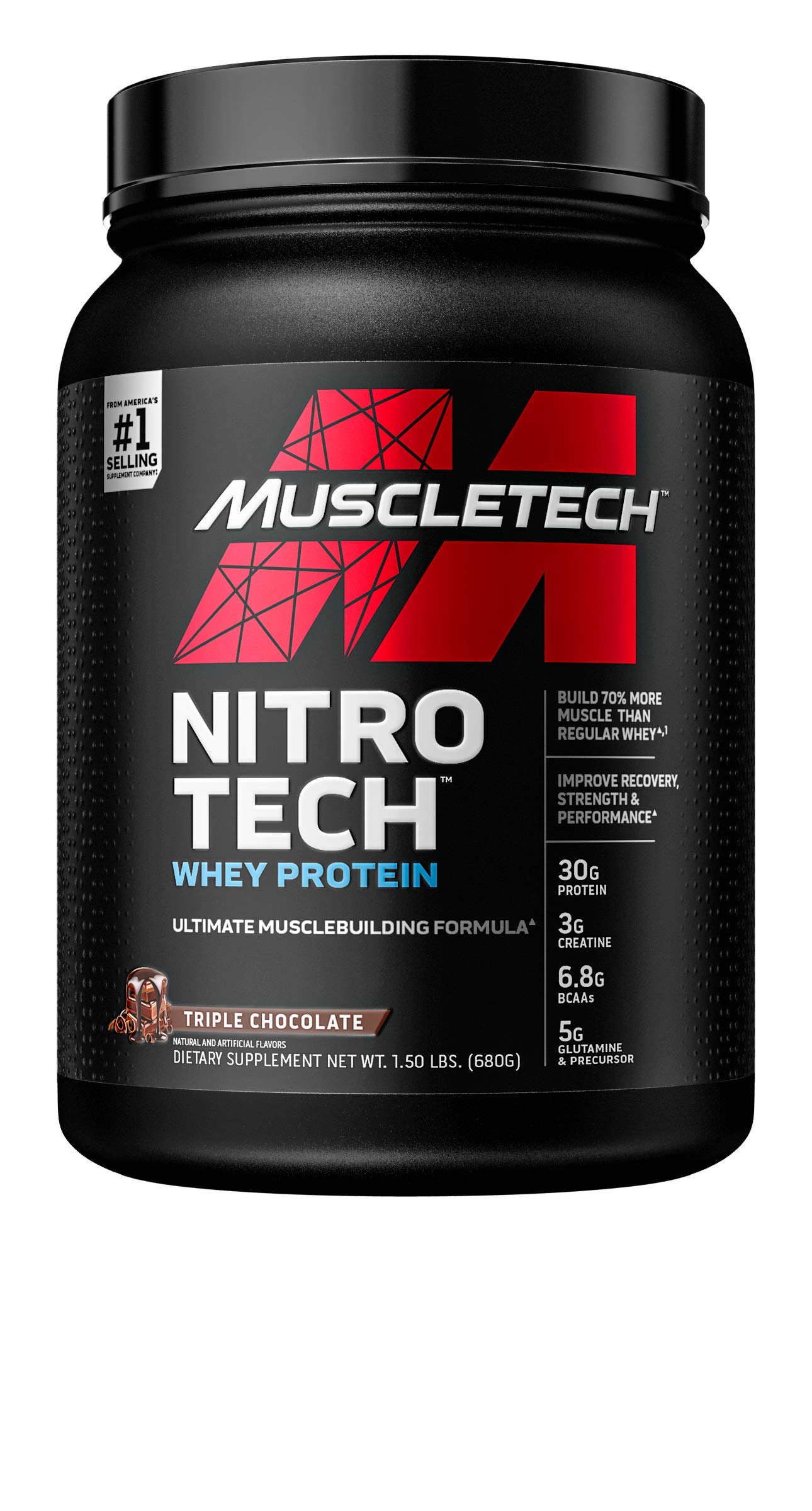 Whey Protein Powder | MuscleTech Nitro-Tech Whey Protein Isolate & Peptides | Protein + Creatine for Muscle Gain | Muscle Builder for Men & Women | Sports Nutrition | Chocolate, 1.5 lb (15 Servings)