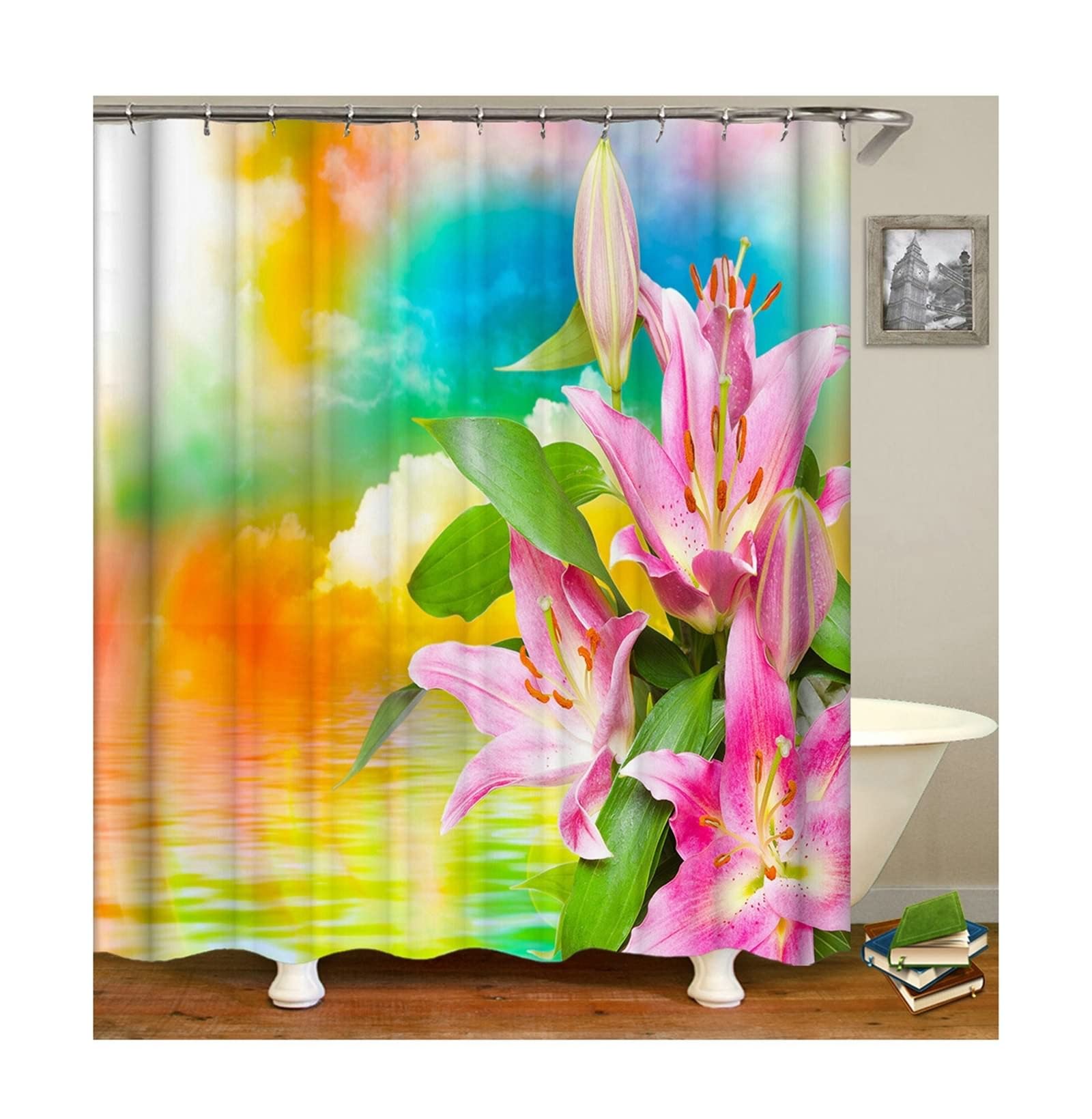 Tenda Doccia 180x200 Tessuto, Poliestere Rosa Giallo Verde Giglio Tenda doccia con ganci in metallo e plastica