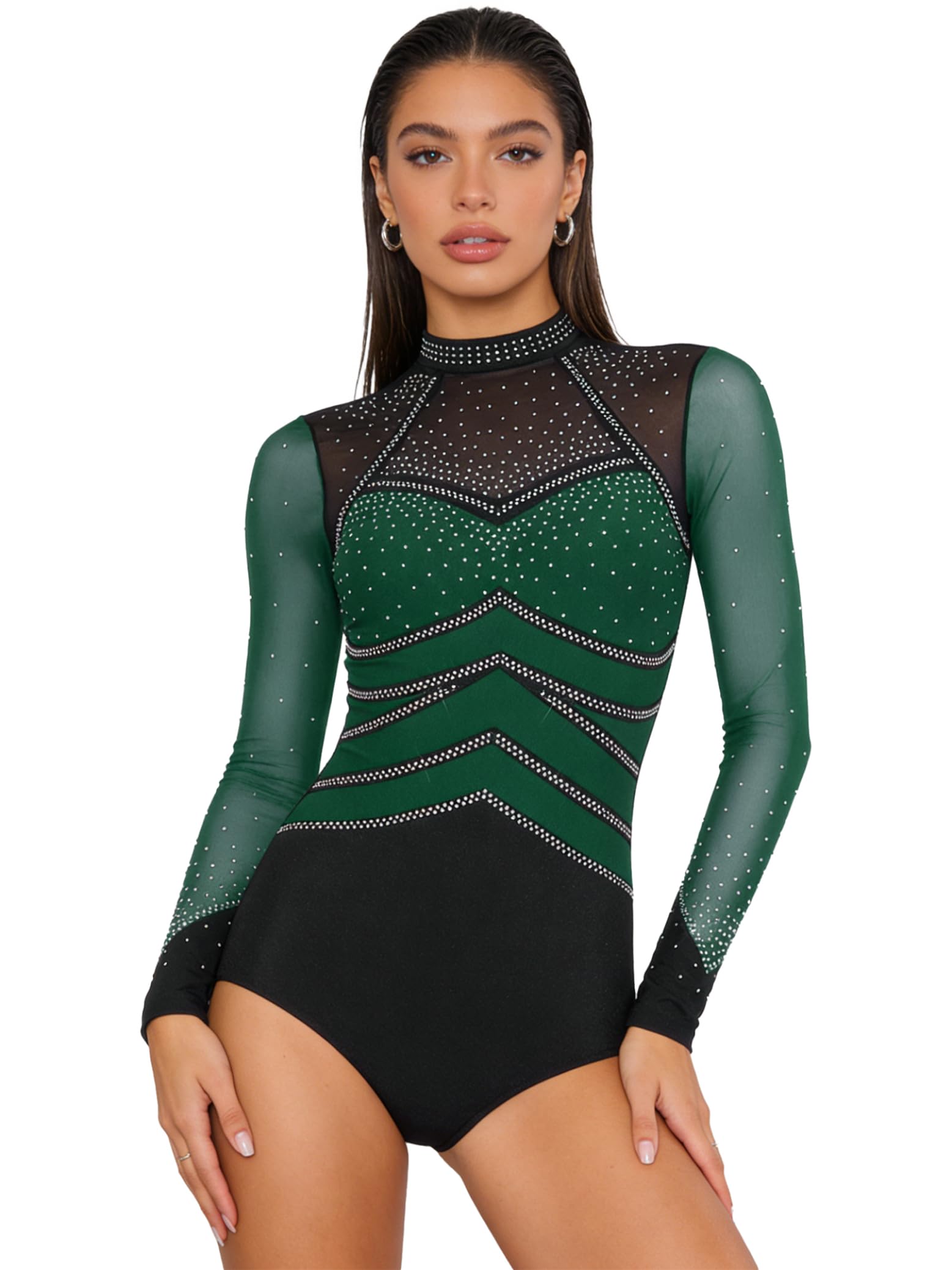 Leotardo Gimnasia Body Maillot de Danza Ballet Mujer Manga Larga con Pedrería Brillante Patinaje Artístico
