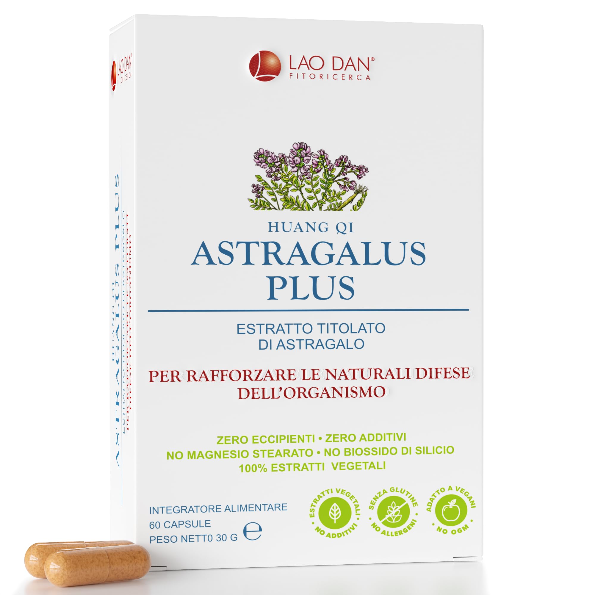 ASTRAGALUS PLUS da Fitoricerca Lao Dan® Astragalo Integratore Difese Immunitarie Nuova Formula 70% Polisaccaridi Estratto Premium Quality 100% Naturale Zero Eccipienti Made in Italy