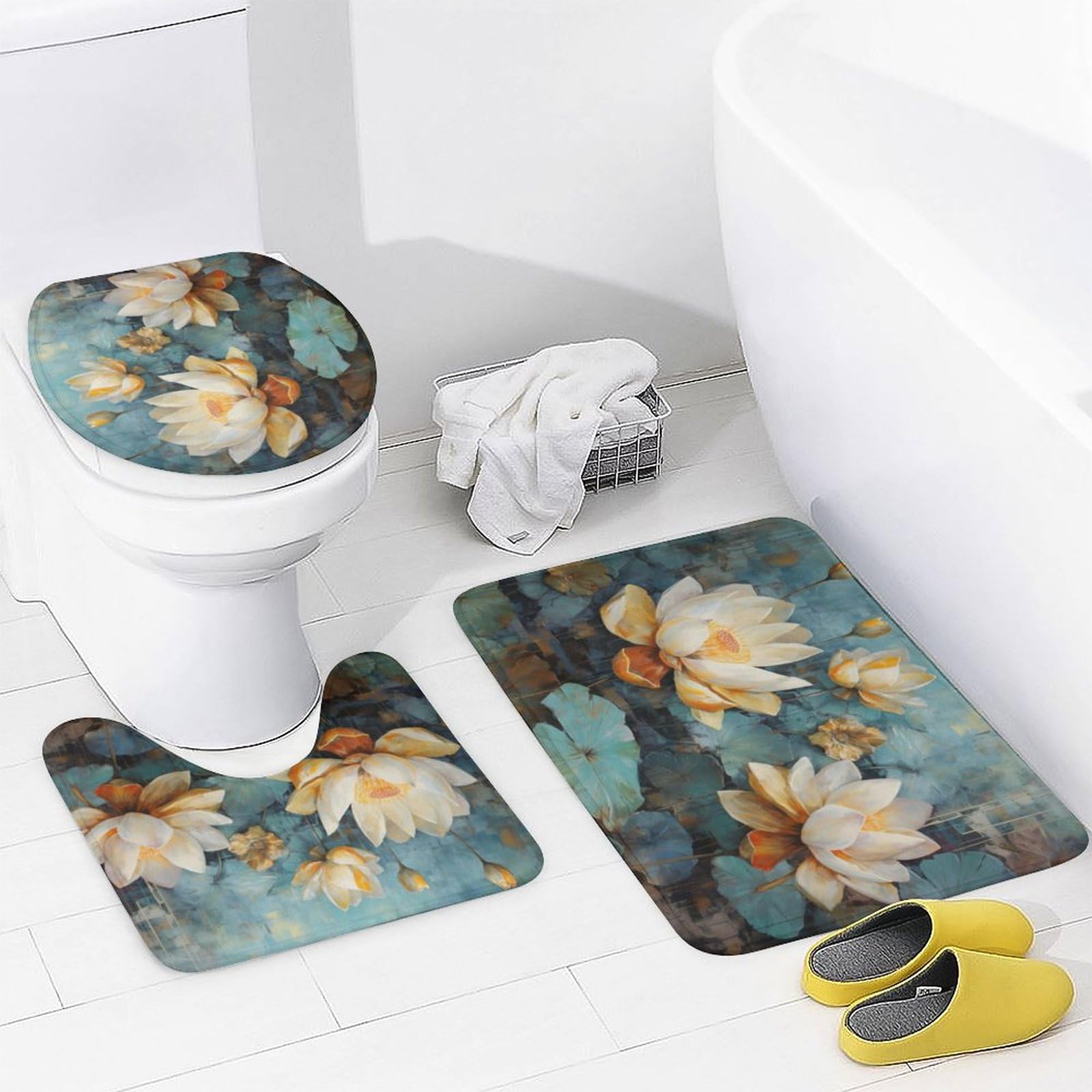 Set Di 4 Tende Da Doccia Bohémien Floreale - Con Tappeti E Copriwater - Decorazione Bagno Moderna