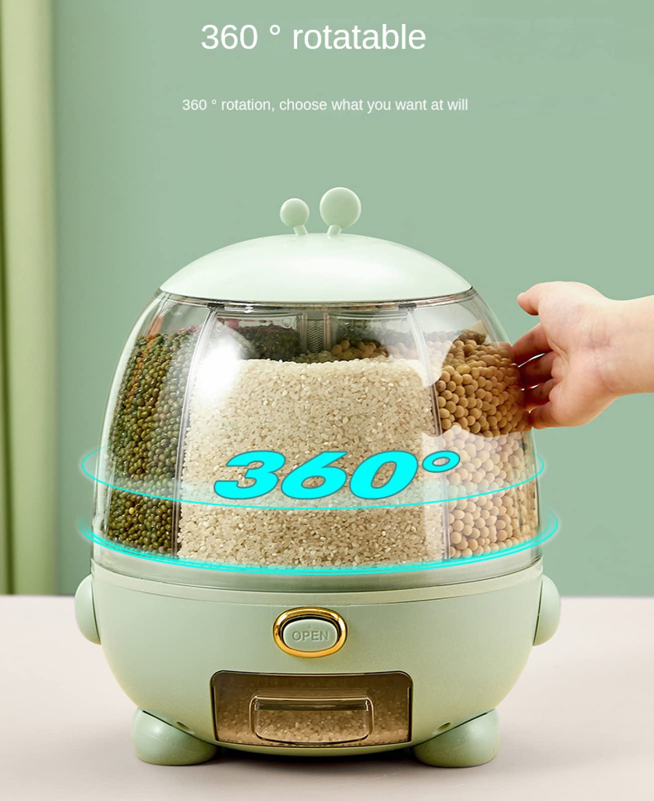 NIBHZ Dispenser per Cereali, distributore di Alimenti a 5 Griglie rotanti a 360 °, Contenitore per Riso e Cereali, Uscita del Riso con Un clic, Serbatoio Rotondo,Green