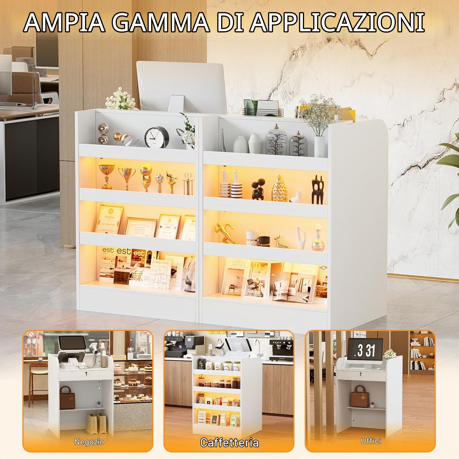 Bancone Reception con LED, Banco Reception con Cassetti e Armadi Chiudibili & Ripiani Aperti, Compatto Bancone Negozio Reception Estetica Banco Cassa per Hotel, Ufficio,Centro Estetico, 60x60x95CM