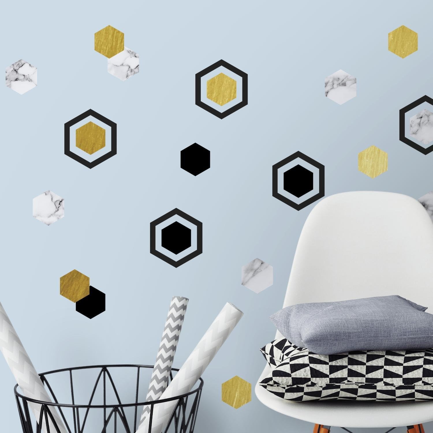 RoomMates RMK3646SCS Black and Metallic Gold Hexagon Peel and Stick Wall Decals
