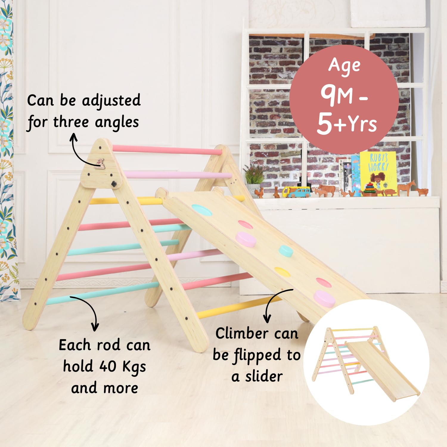 Ariro Pikler Triangle Climbing Frame with Two Sided Ramp | Adjustable Frame with Slide and Climber Ramp for Baby Boys and Girls | for 1yr to 3yr Toddlers | Holds Upto 40kg - Image 3 thumbnail