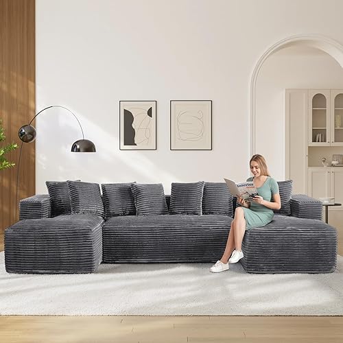 Modular Sectional Sofa Cloud Couch, 131" Dark Grey Boneless Couches for Living Room, Modern Deep Seat Plush Corduroy Sofa, Fluffy Memory Foam U Shape Sectional Couch with Chaise Lounge