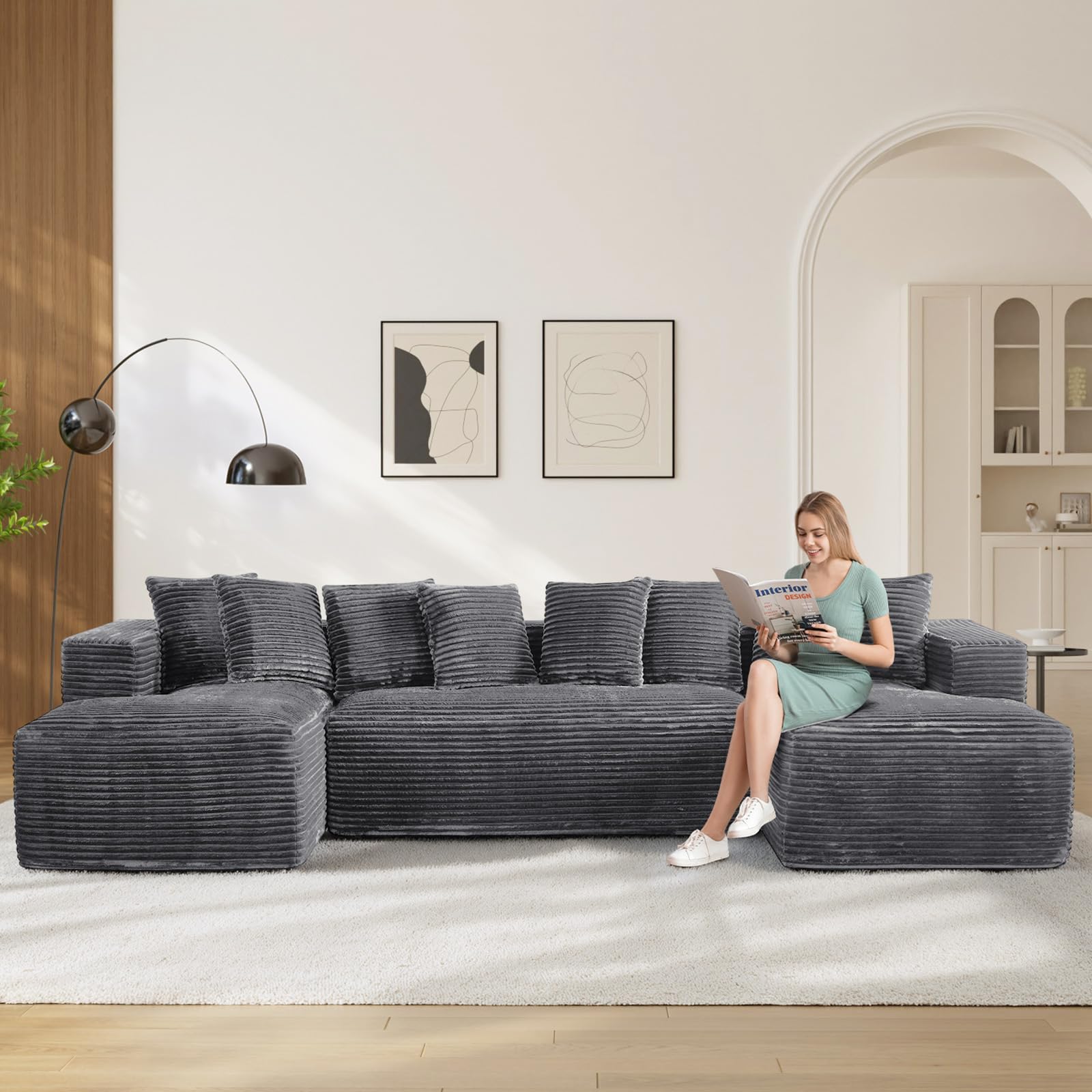 131" Oversized U Shaped Cloud Sectional Couches for Living Room, Comfy Fluffy Corduroy Dark Grey Boneless Sectionals Couch, Plush Memory Foam Modular