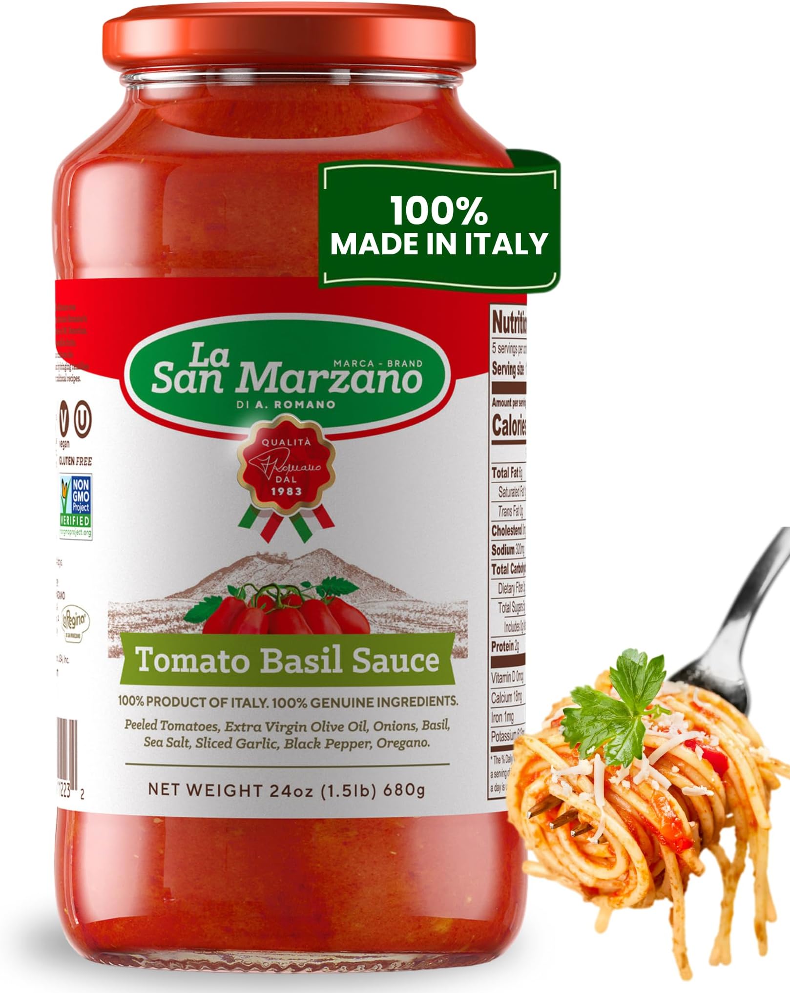 Tomato Basil Sauce, 24 oz, Pasta Sauce Made in Italy, All Purpose Tomato Premium Quality, All Natural, Mediterranean Diet, Non GMO, Vegan, Gluten Free